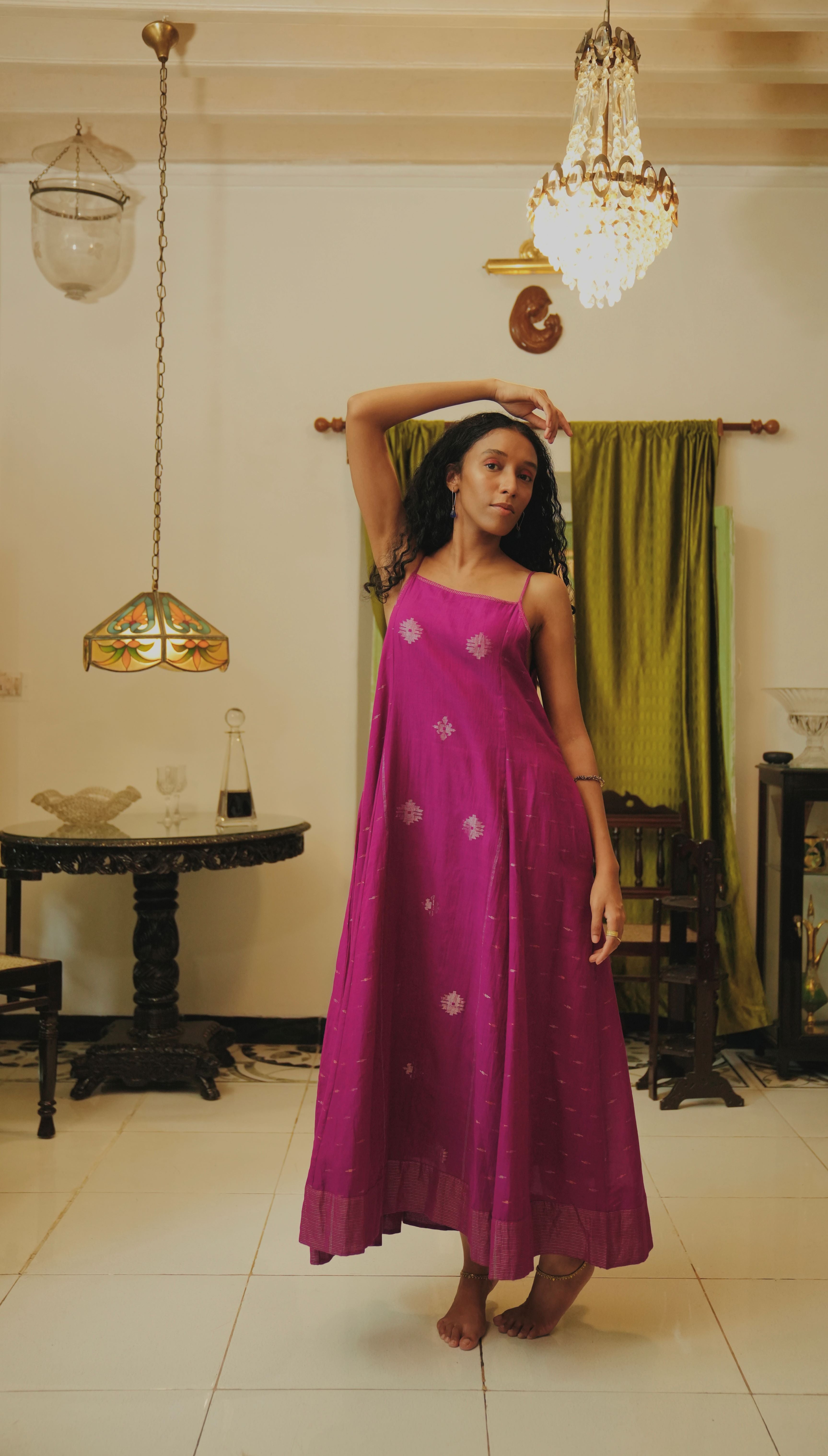 Moyuri - Magenta Handwoven Jamdani Spaghetti Dress