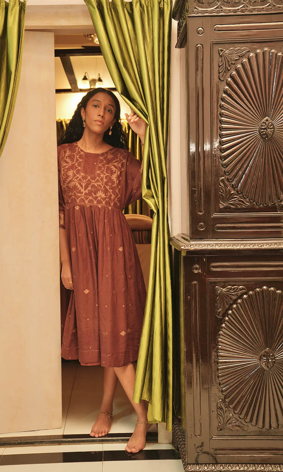 Koel - Brown Handwoven Cotton Jamdani Back Tie-Up Dress