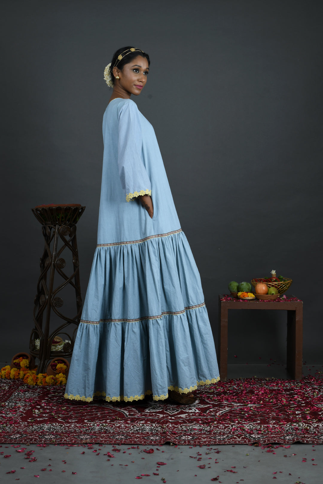 Amrapalli - Blue Cotton Poplin Full Length Gown