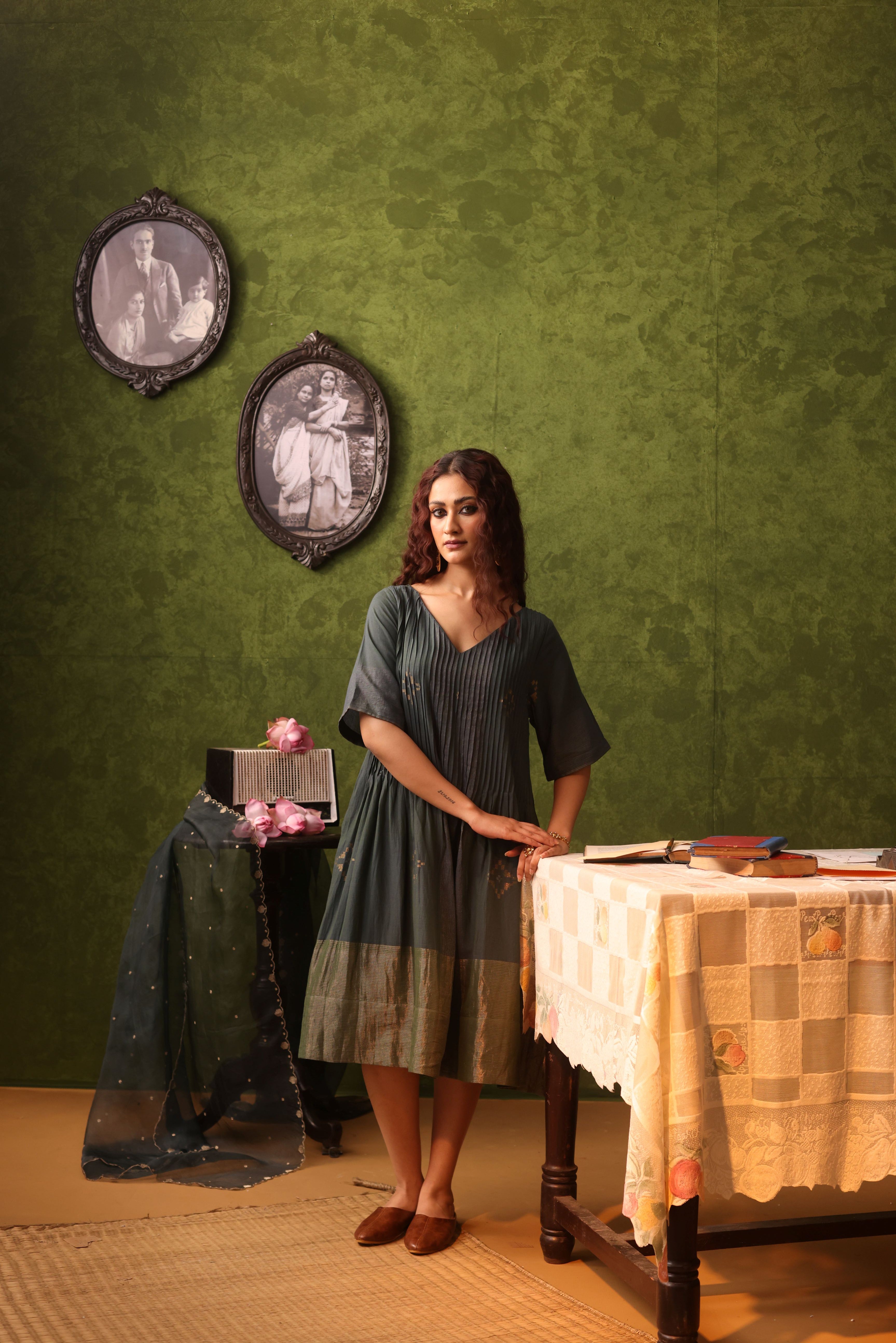 Bindu - Dual Shades Of Blue And Green Handwoven Cotton Jamdani Yoke Dress