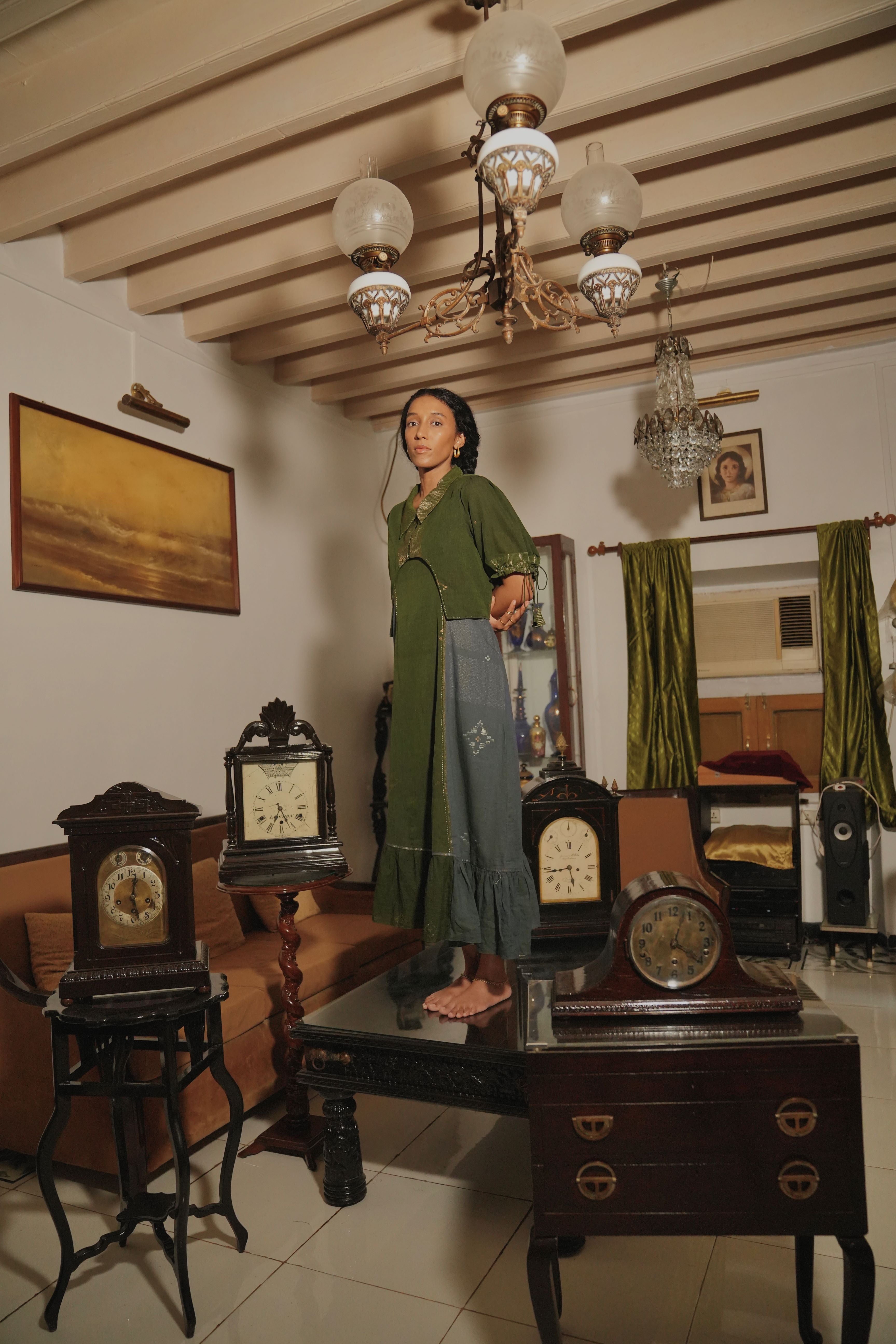 Tiya - Olive Green Handwoven Cotton Jamdani Two-Part Dress