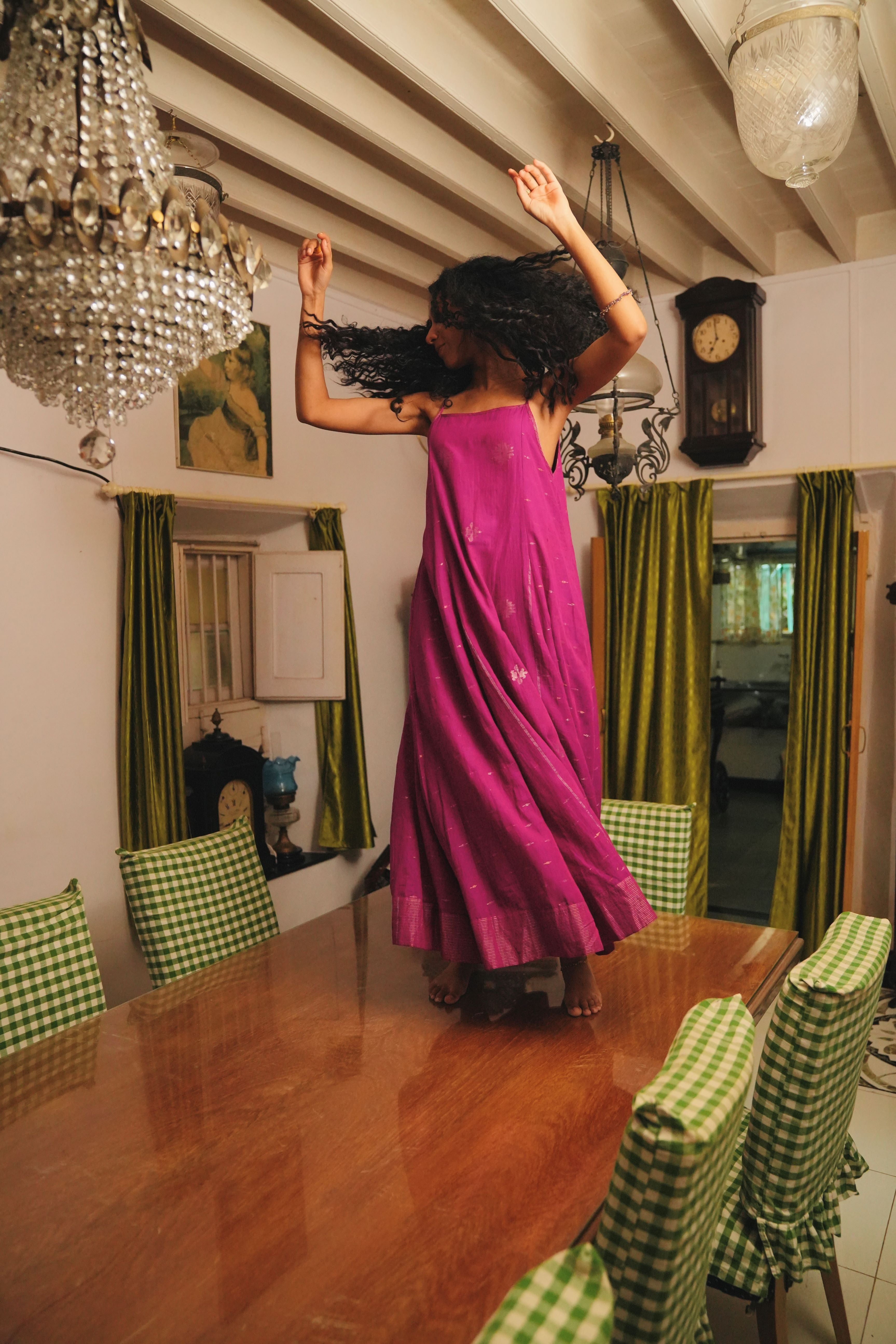 Moyuri - Magenta Handwoven Jamdani Spaghetti Dress