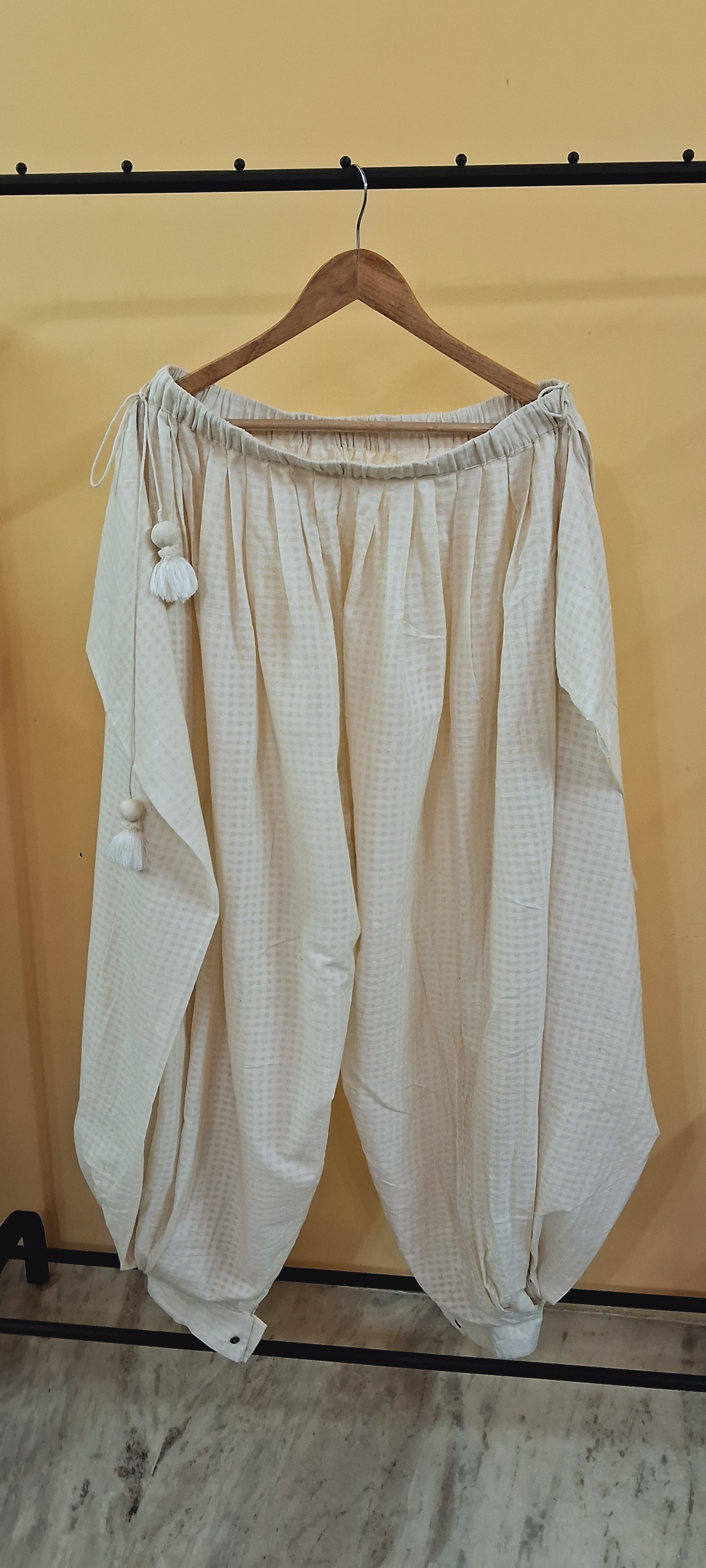 Cream Handwoven Cotton Self Checked Dhoti Pants