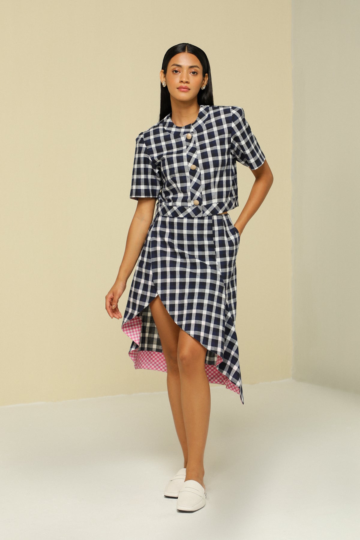 Blue And White Cotton Check Skirt