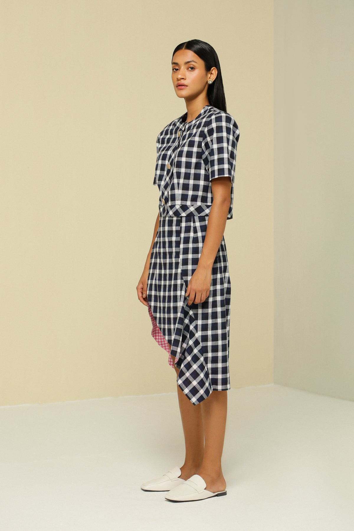 Blue And White Cotton Check Skirt