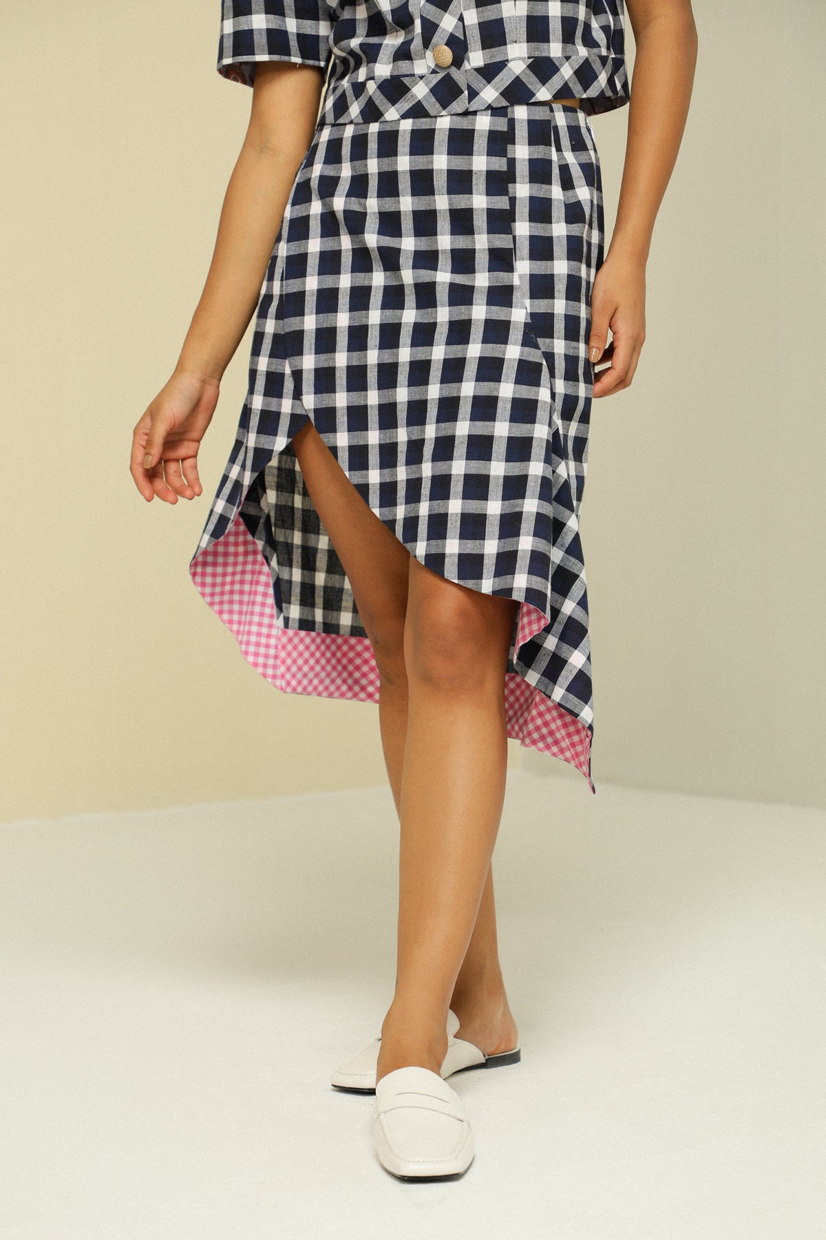 Blue And White Cotton Check Skirt