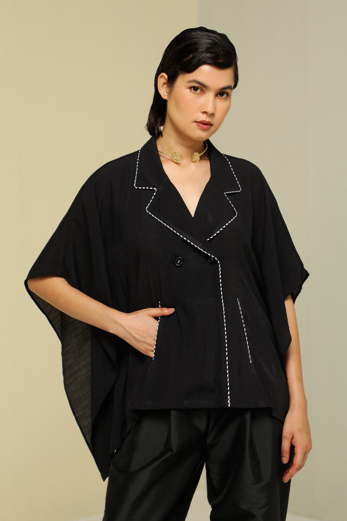 Black Crepe Linen Kaftan Top