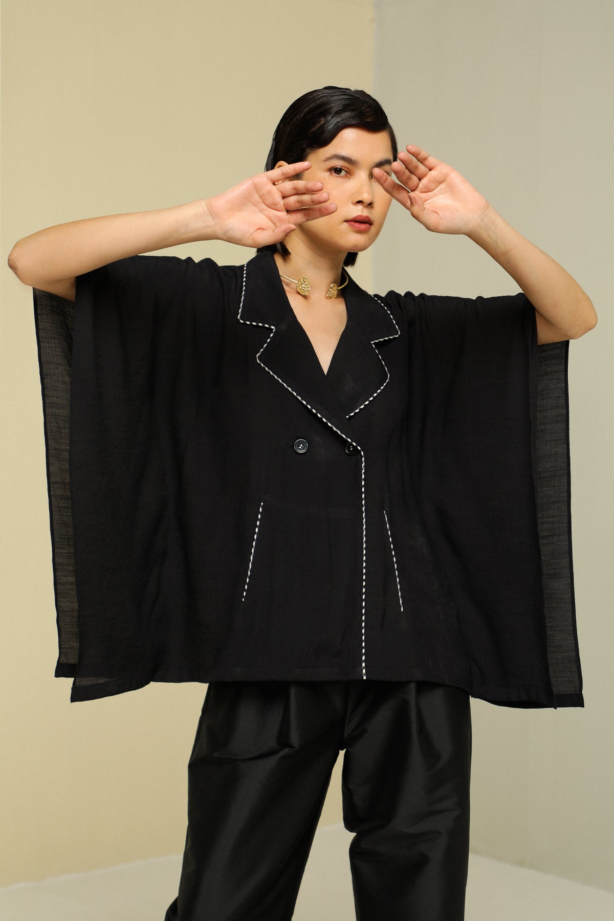 Black Crepe Linen Kaftan Top