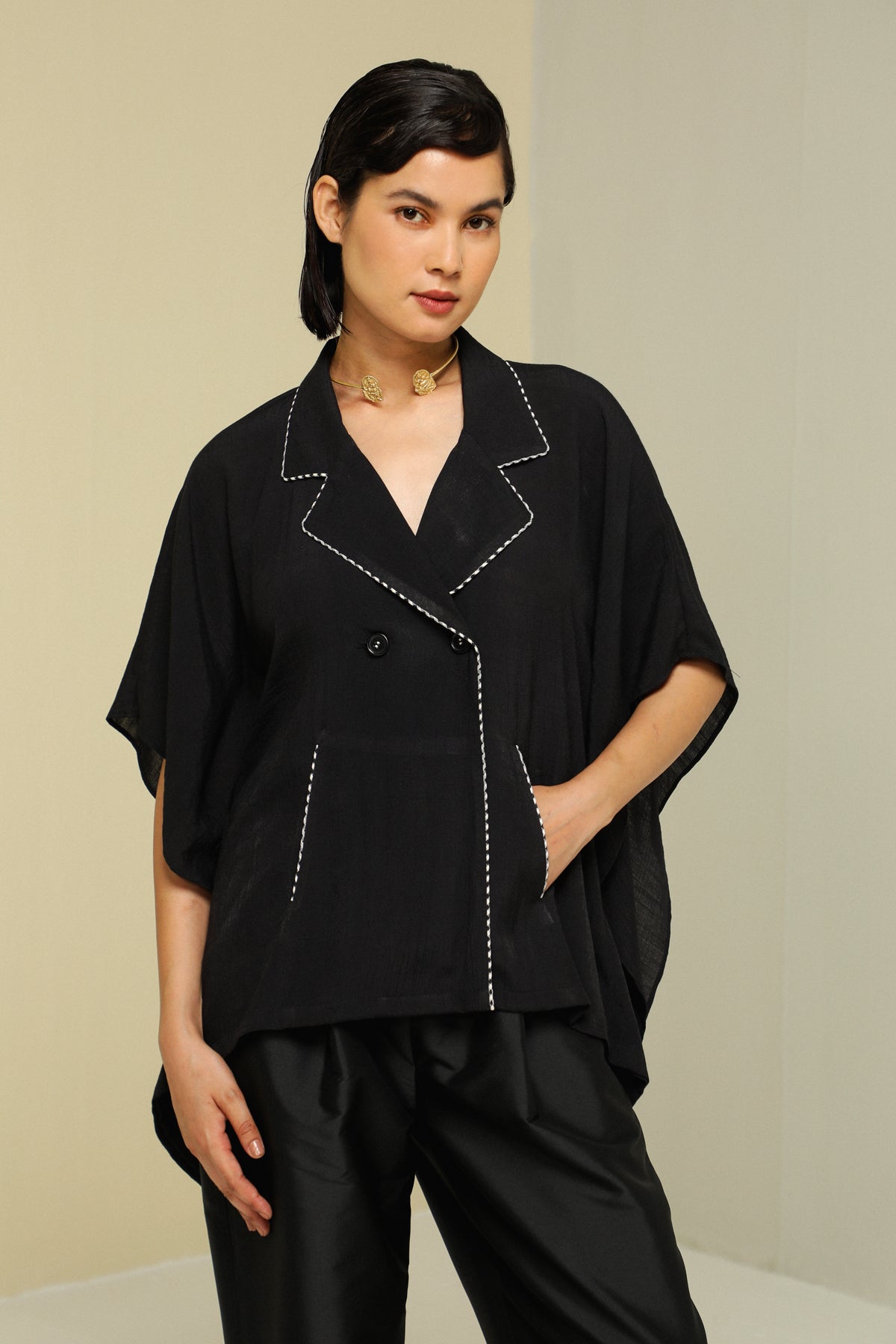 Black Crepe Linen Kaftan Top