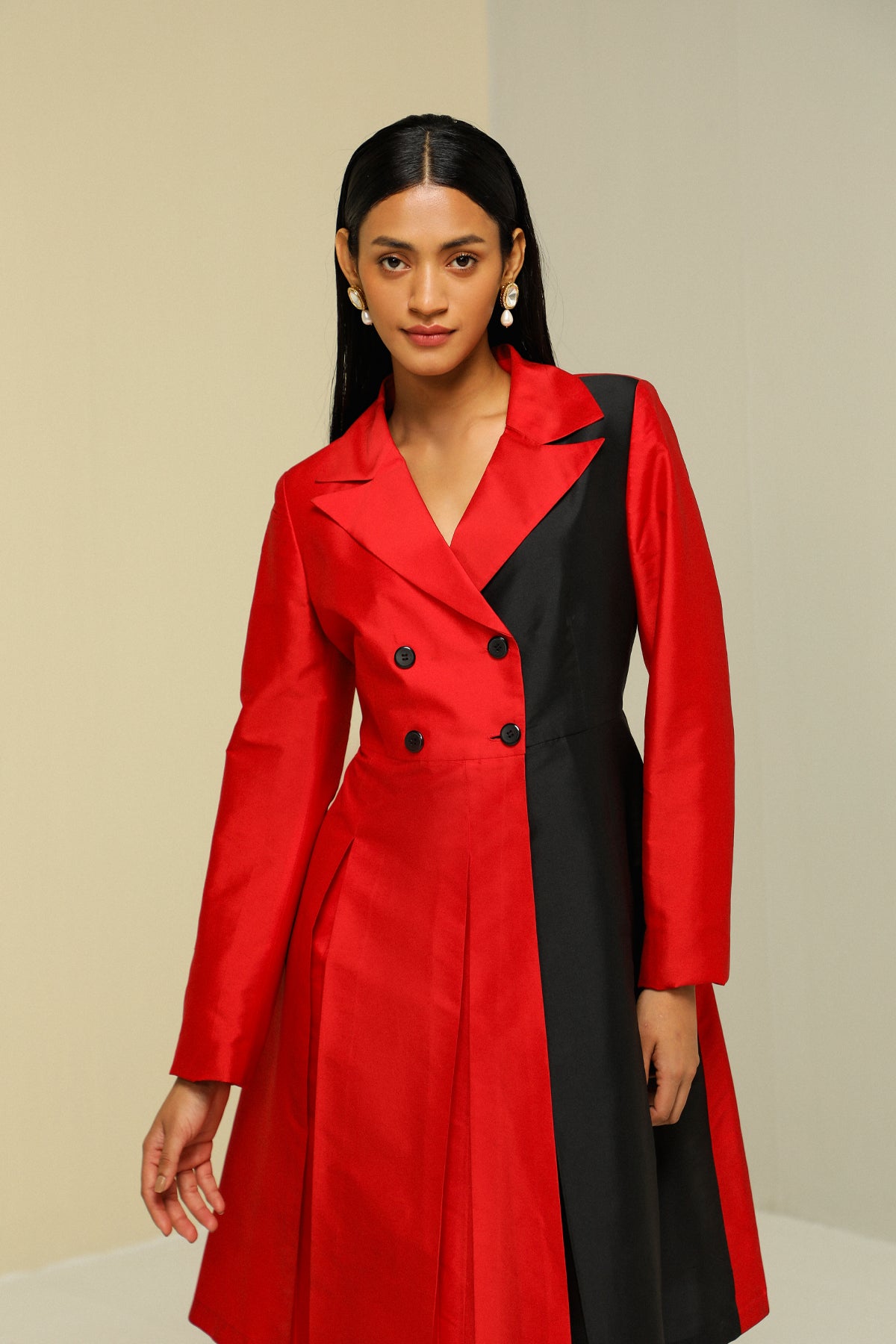 Red And Black Silk Overlap Jacket Dress