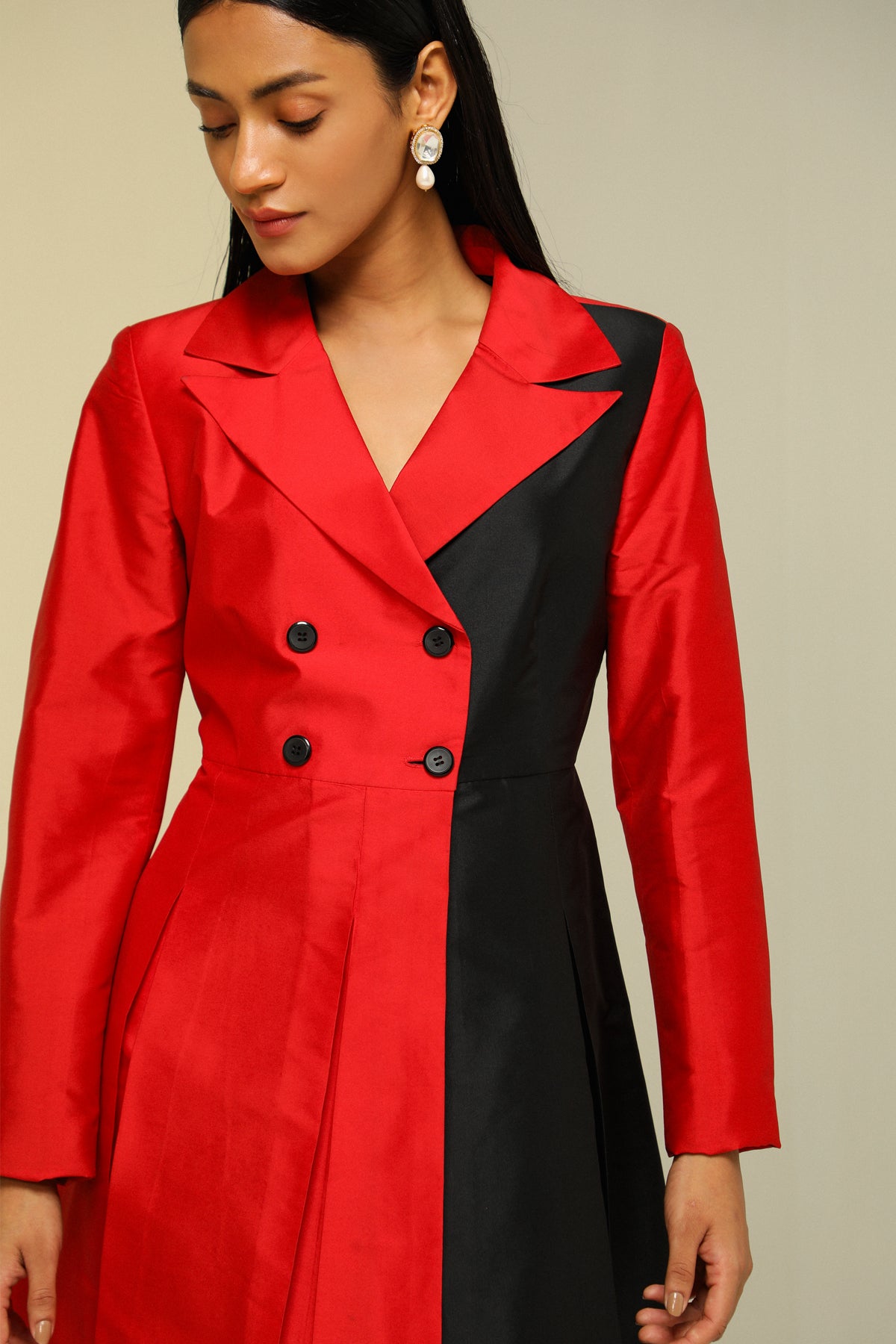 Red And Black Silk Overlap Jacket Dress