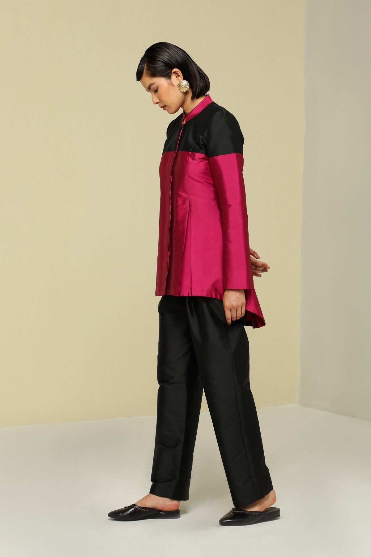 Plum All weather Silk Band Collar Jacket