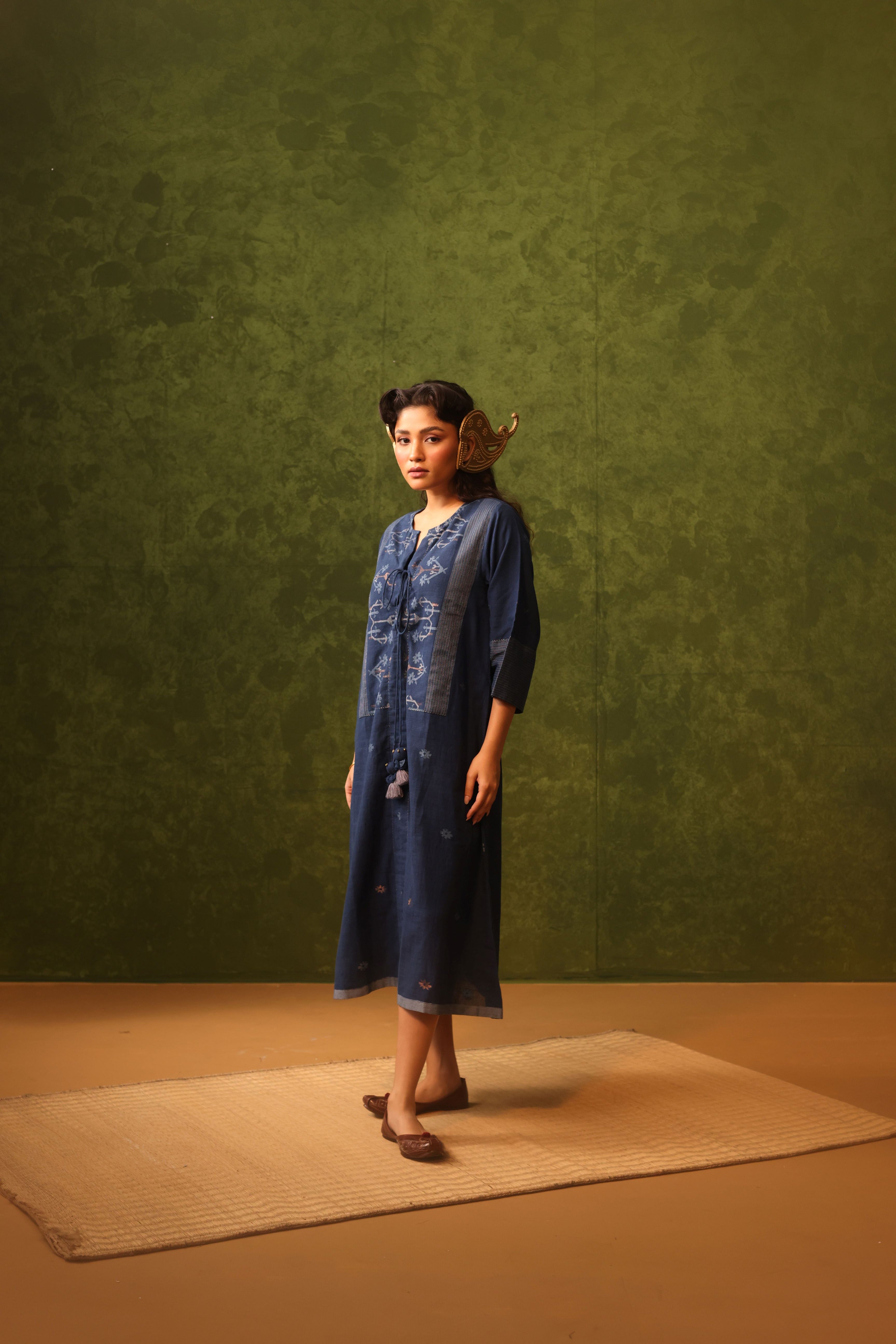 Nila - Indigo Handwoven Cotton Jamdani Tassel Tie-Up Dress