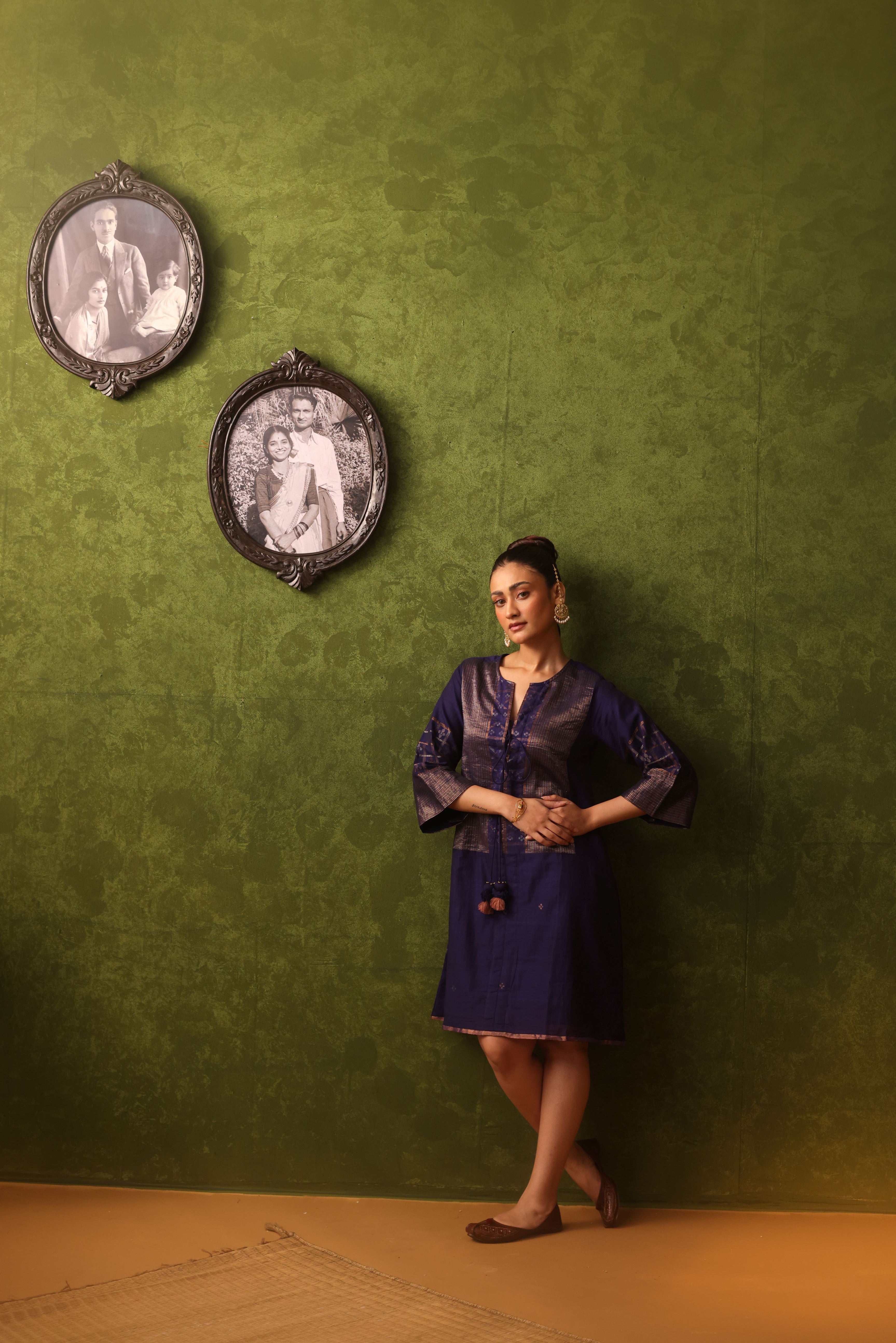 Zeenat - Indigo Handwoven Cotton Jamdani Tassle Tie-up Dress