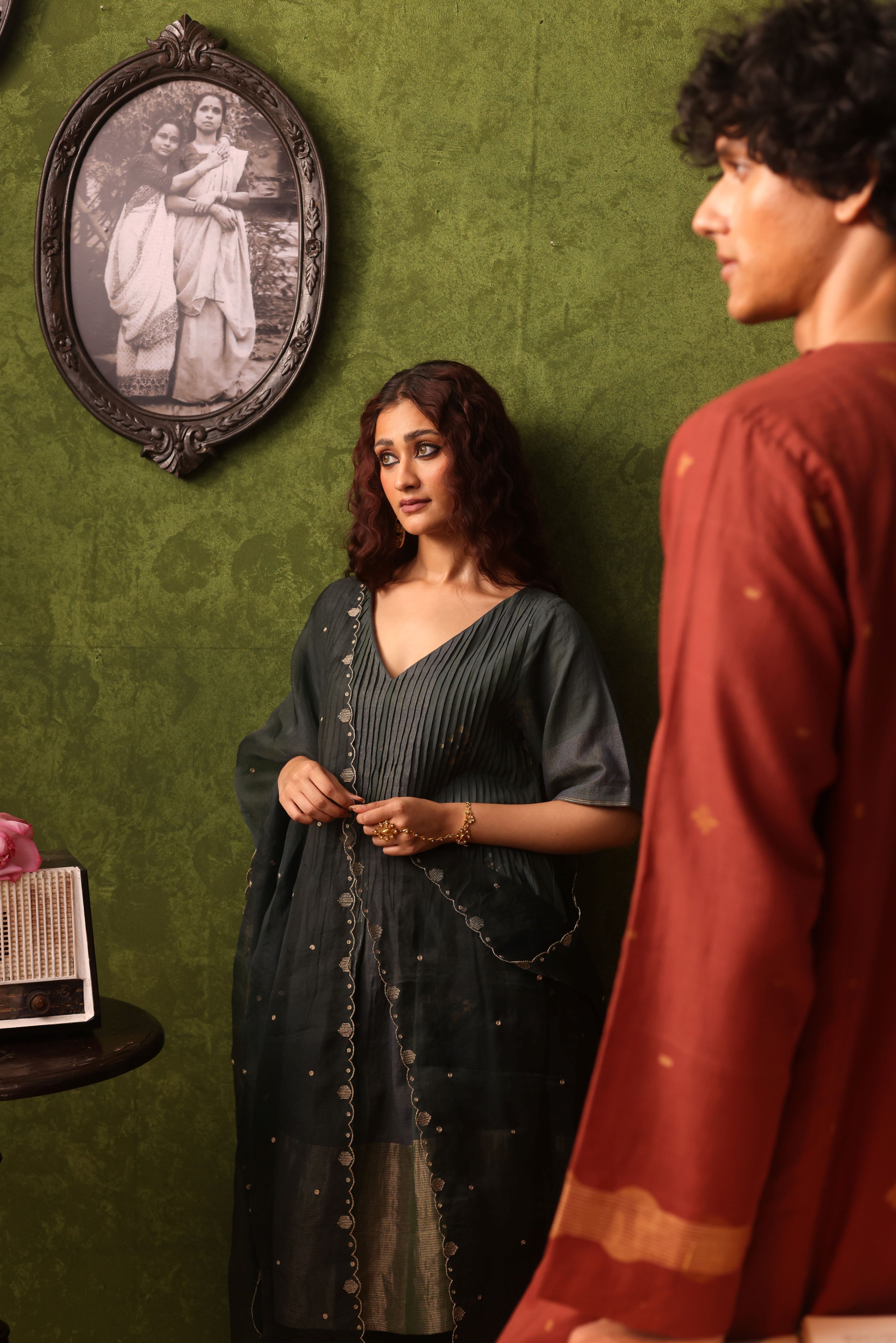 Bindu - Dual Shades Of Blue And Green Handwoven Cotton Jamdani Kurta Set