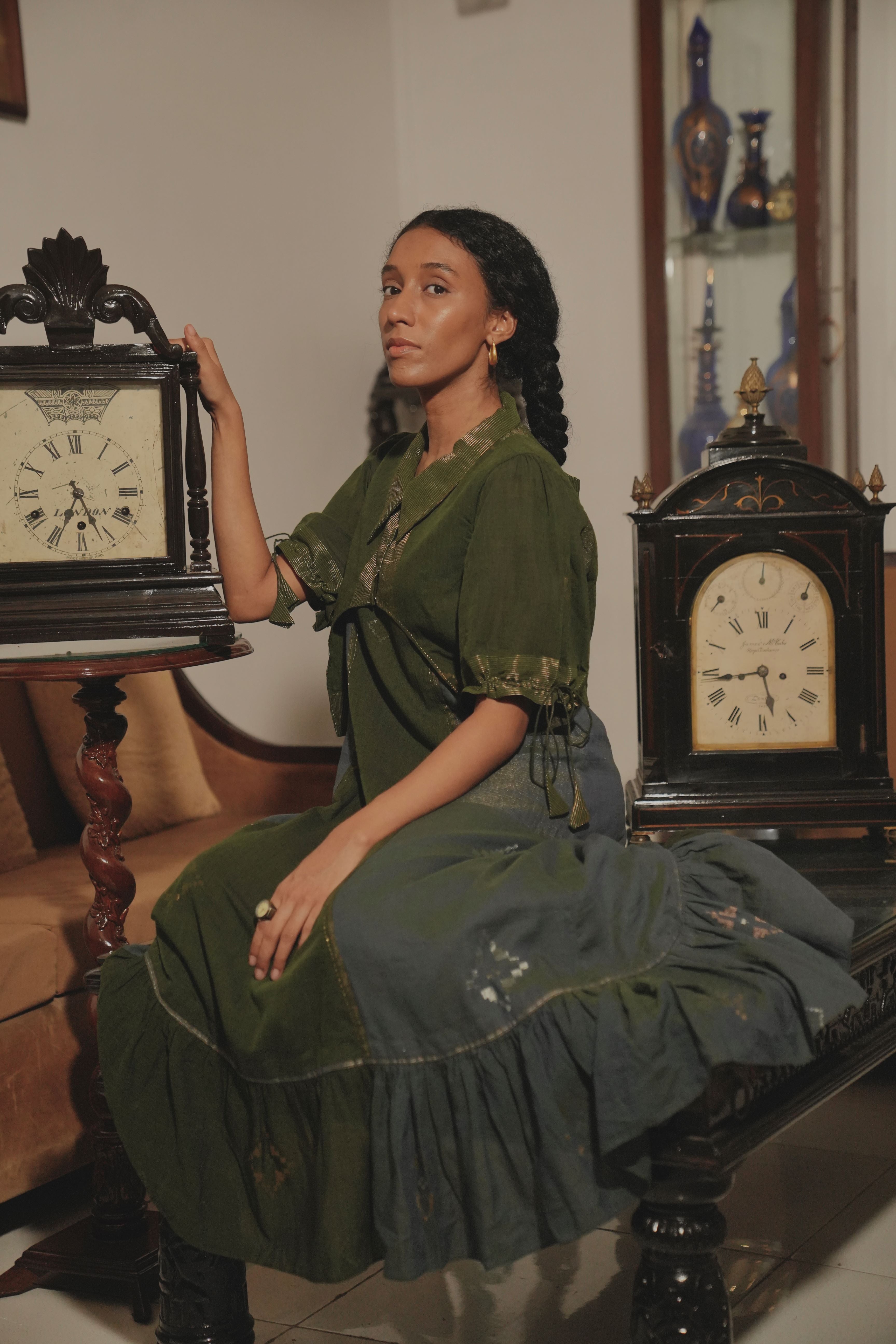 Tiya - Olive Green Handwoven Cotton Jamdani Two-Part Dress