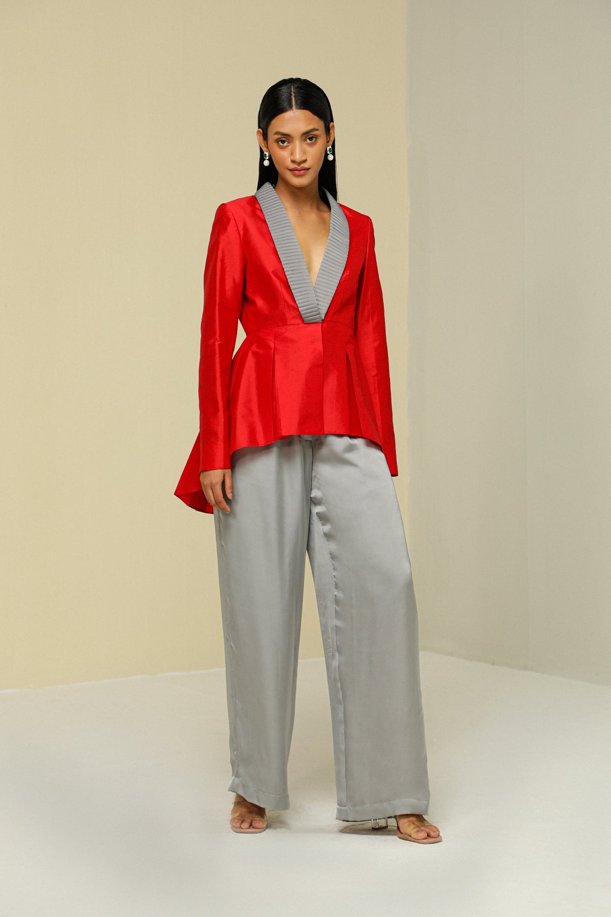 Red And Grey Silk Peplum Jacket