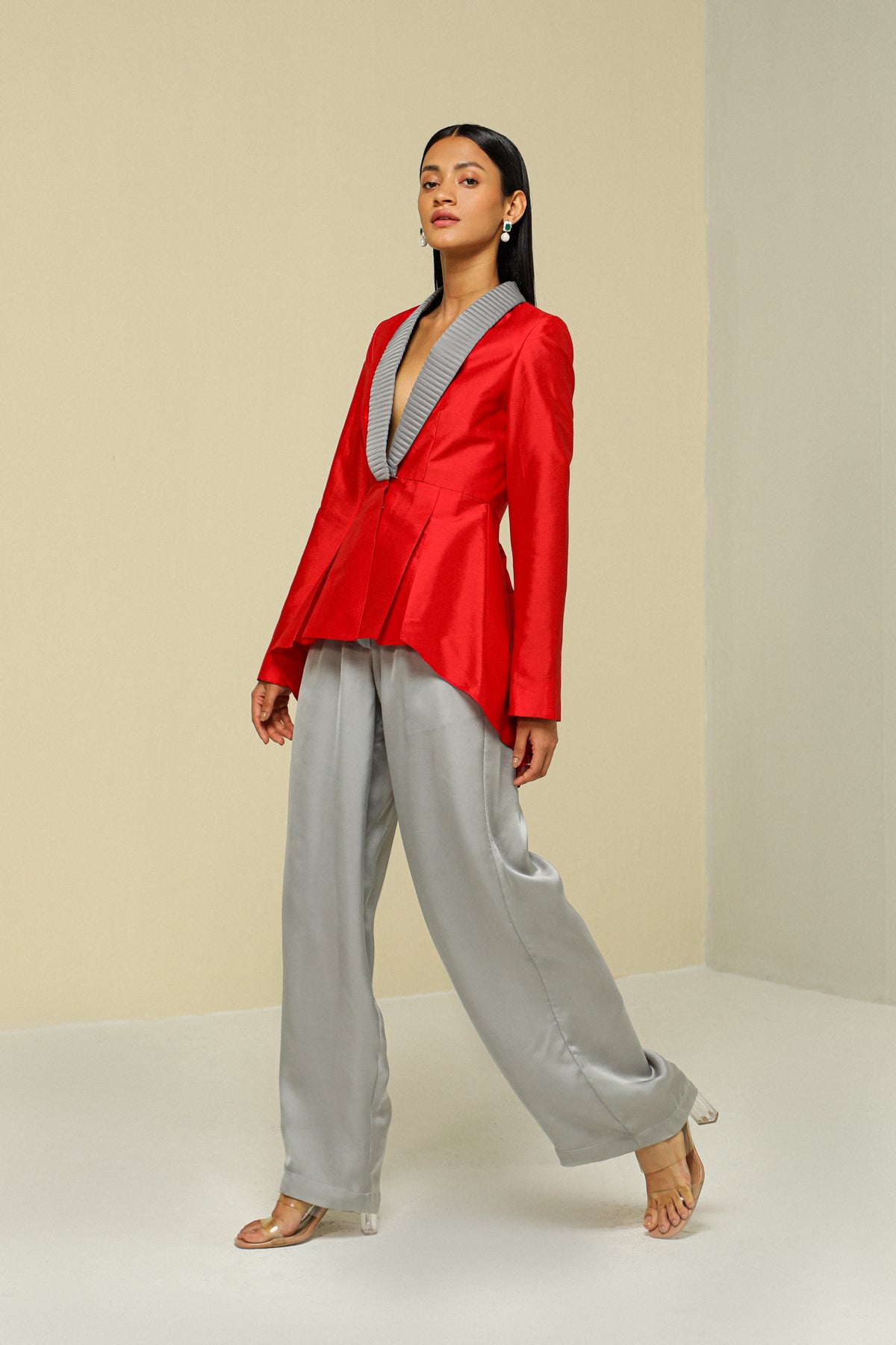 Red And Grey Silk Peplum Jacket