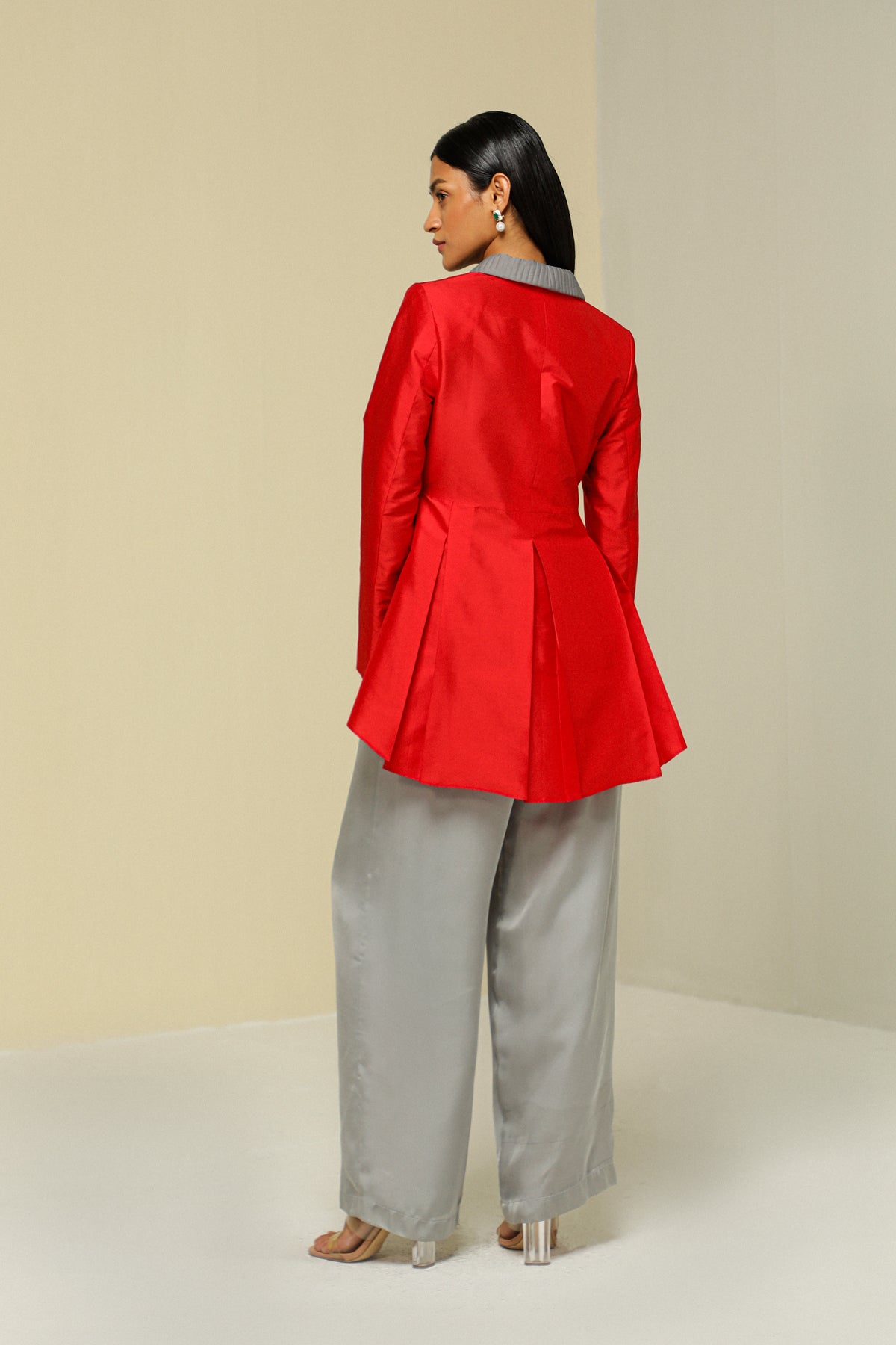 Red And Grey Silk Peplum Jacket