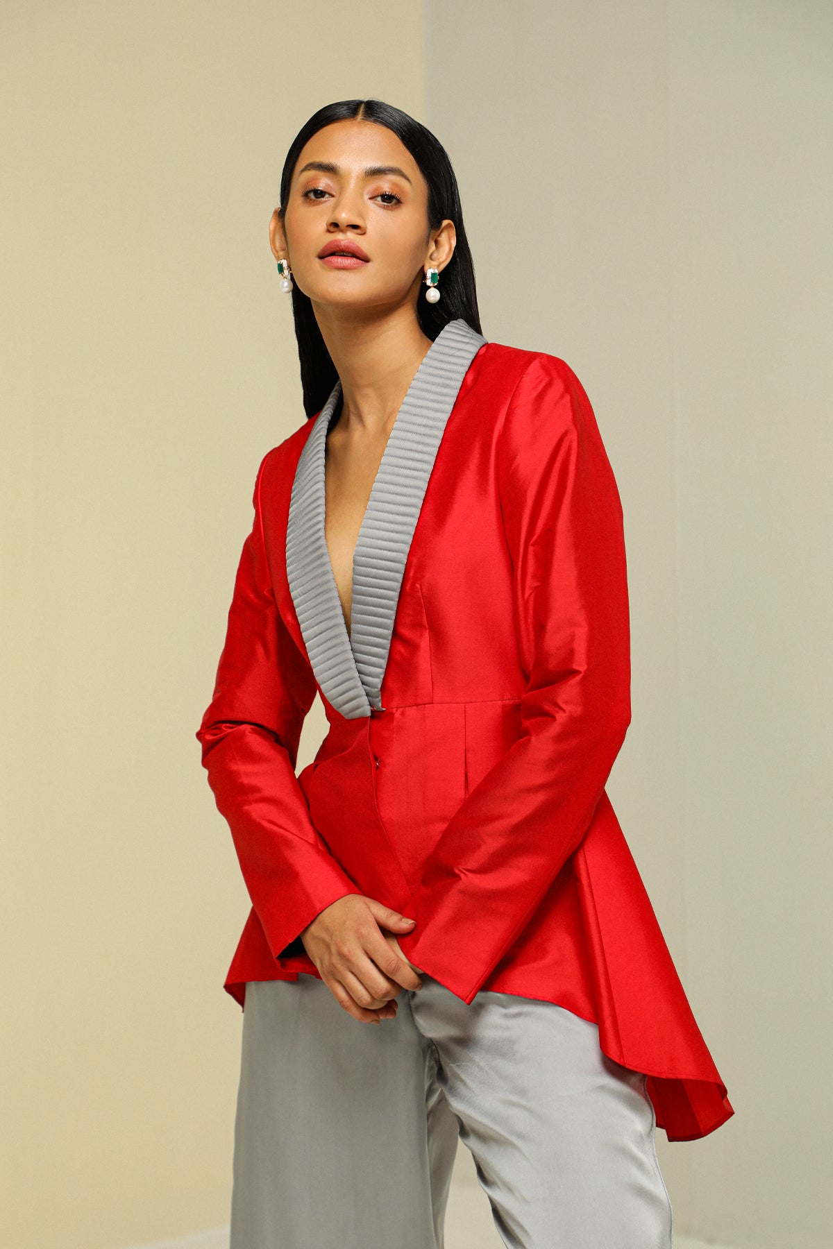 Red And Grey Silk Peplum Jacket