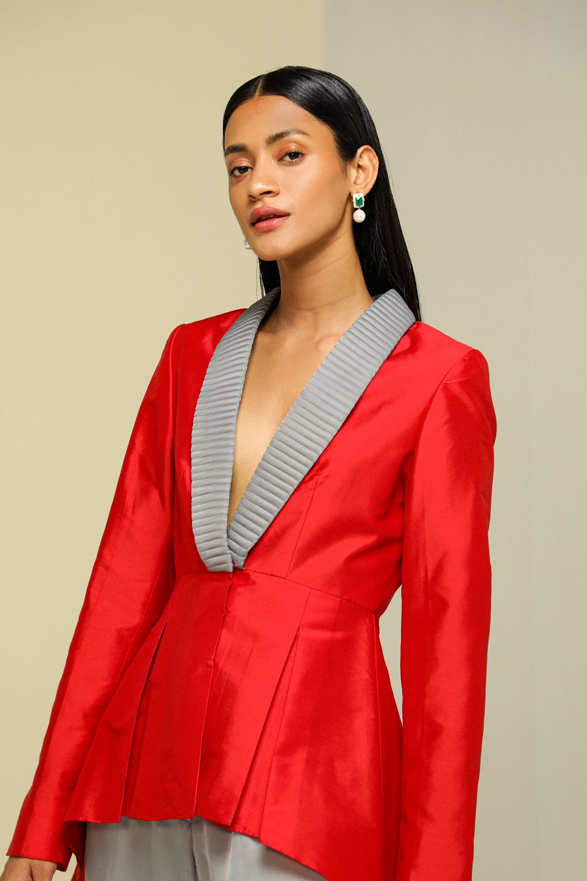 Red And Grey Silk Peplum Jacket