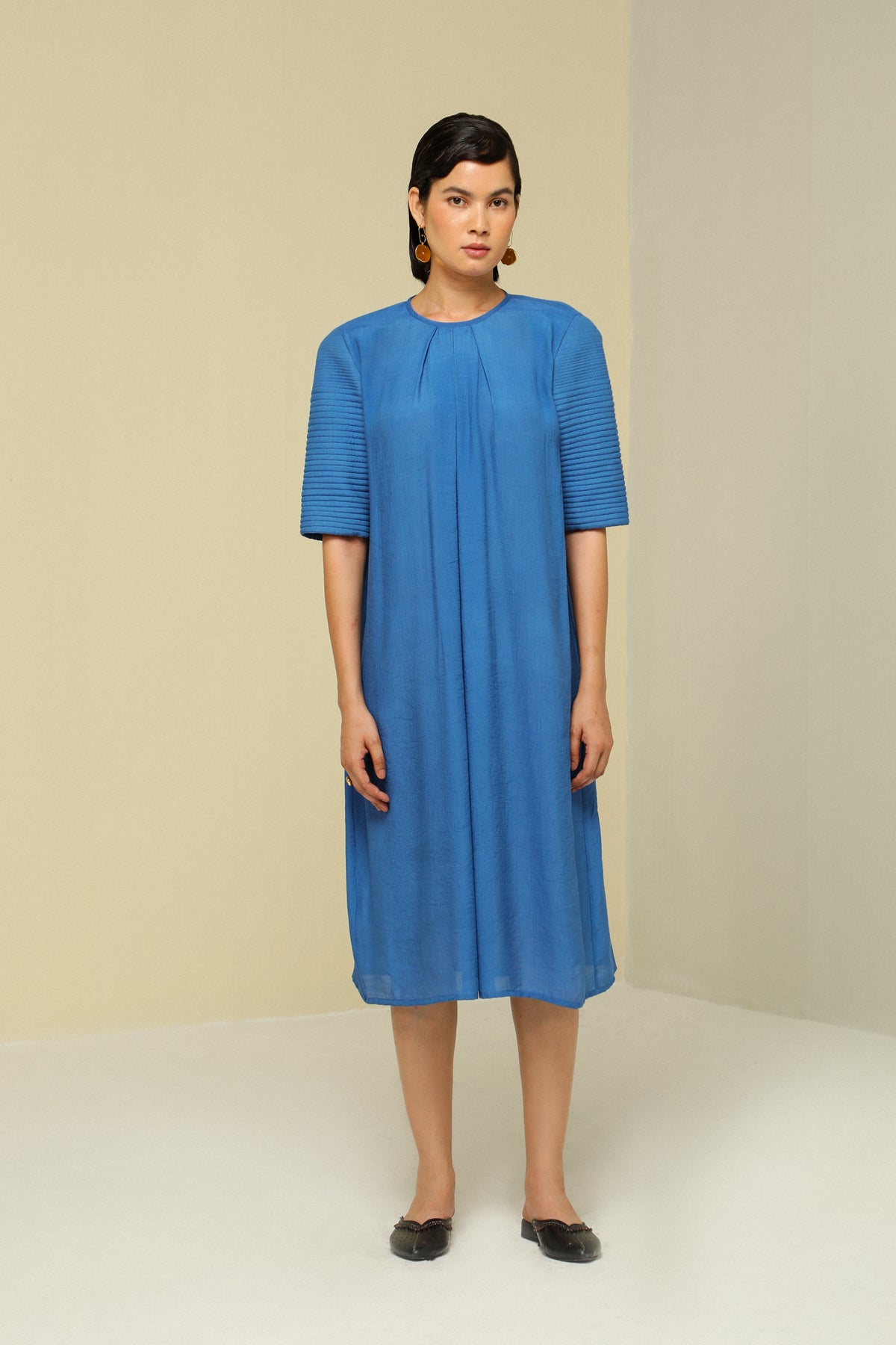 Blue Linen Crepe Fluid Dress