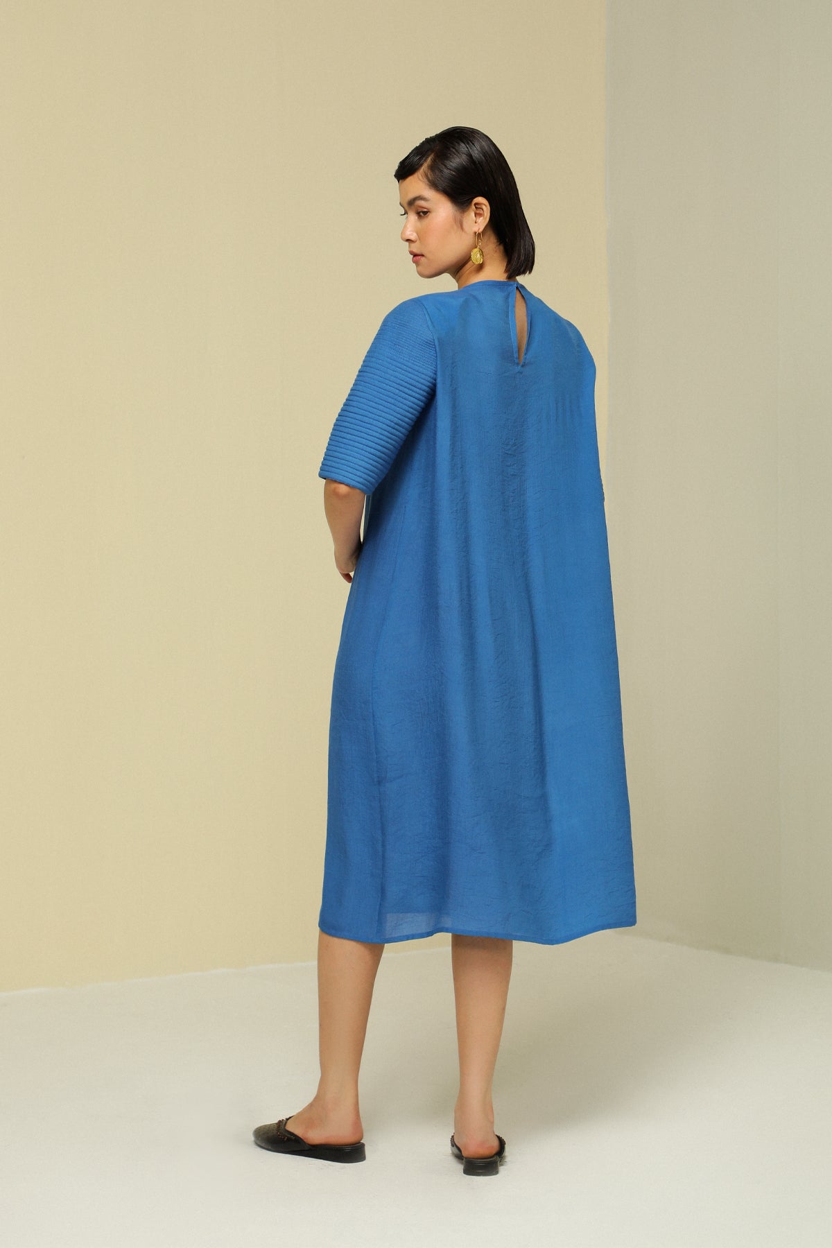 Blue Linen Crepe Fluid Dress