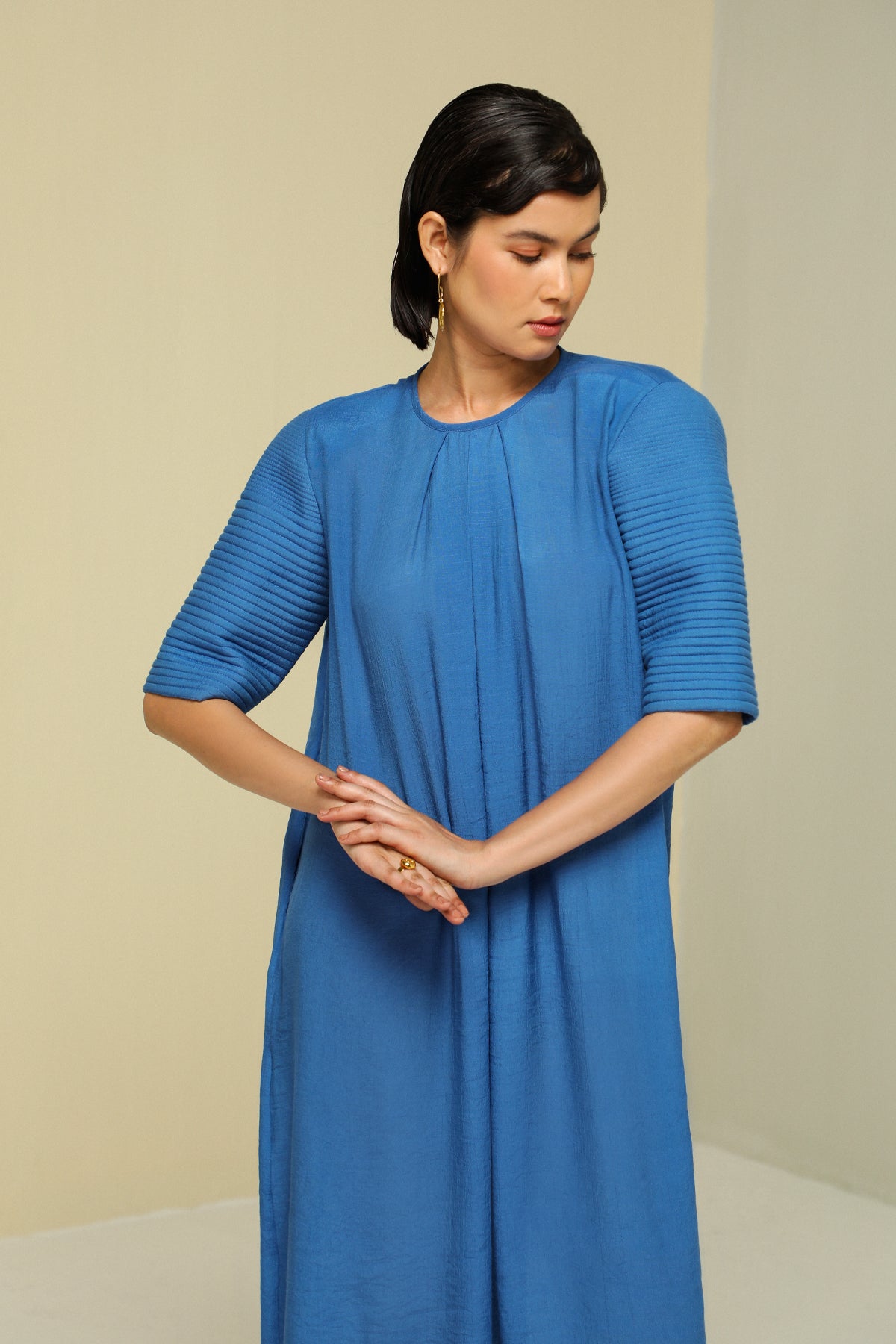 Blue Linen Crepe Fluid Dress
