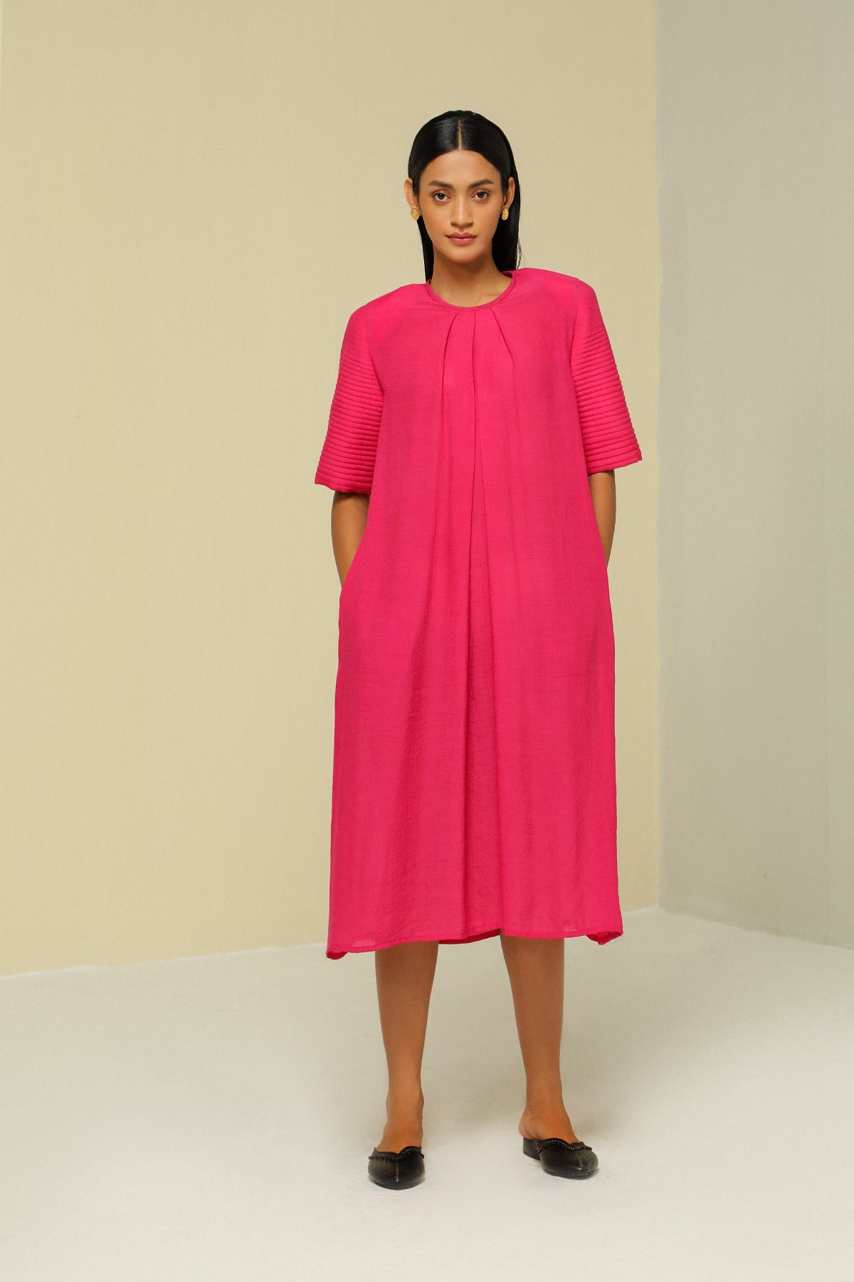 chinese dress ladies Pink Linen Crepe Fluid Dress