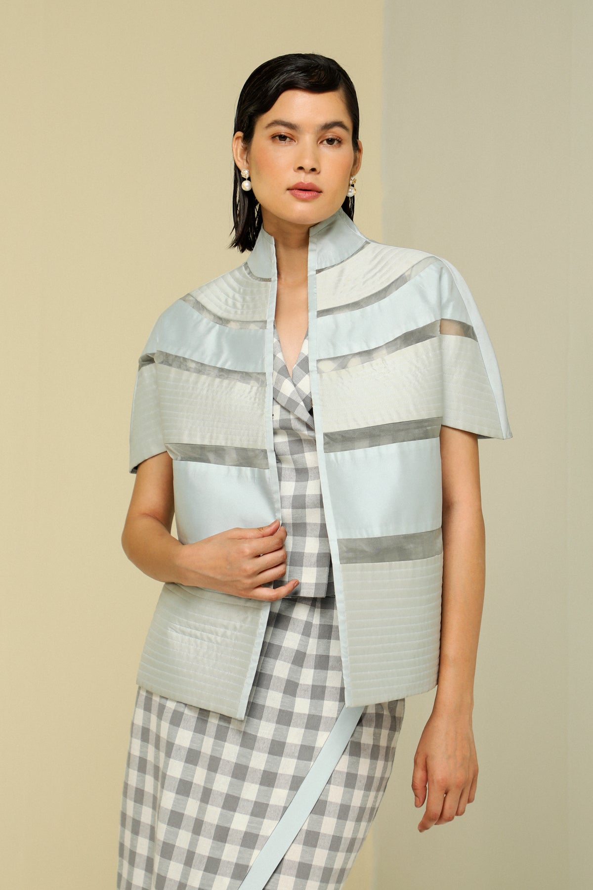Ice Blue Silk Stripe Lightweight Reversible Short Jacket
