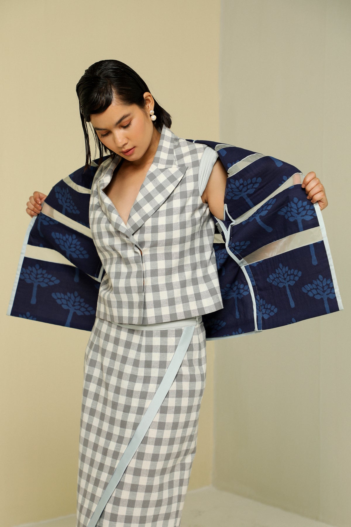 Ice Blue Silk Stripe Lightweight Reversible Short Jacket