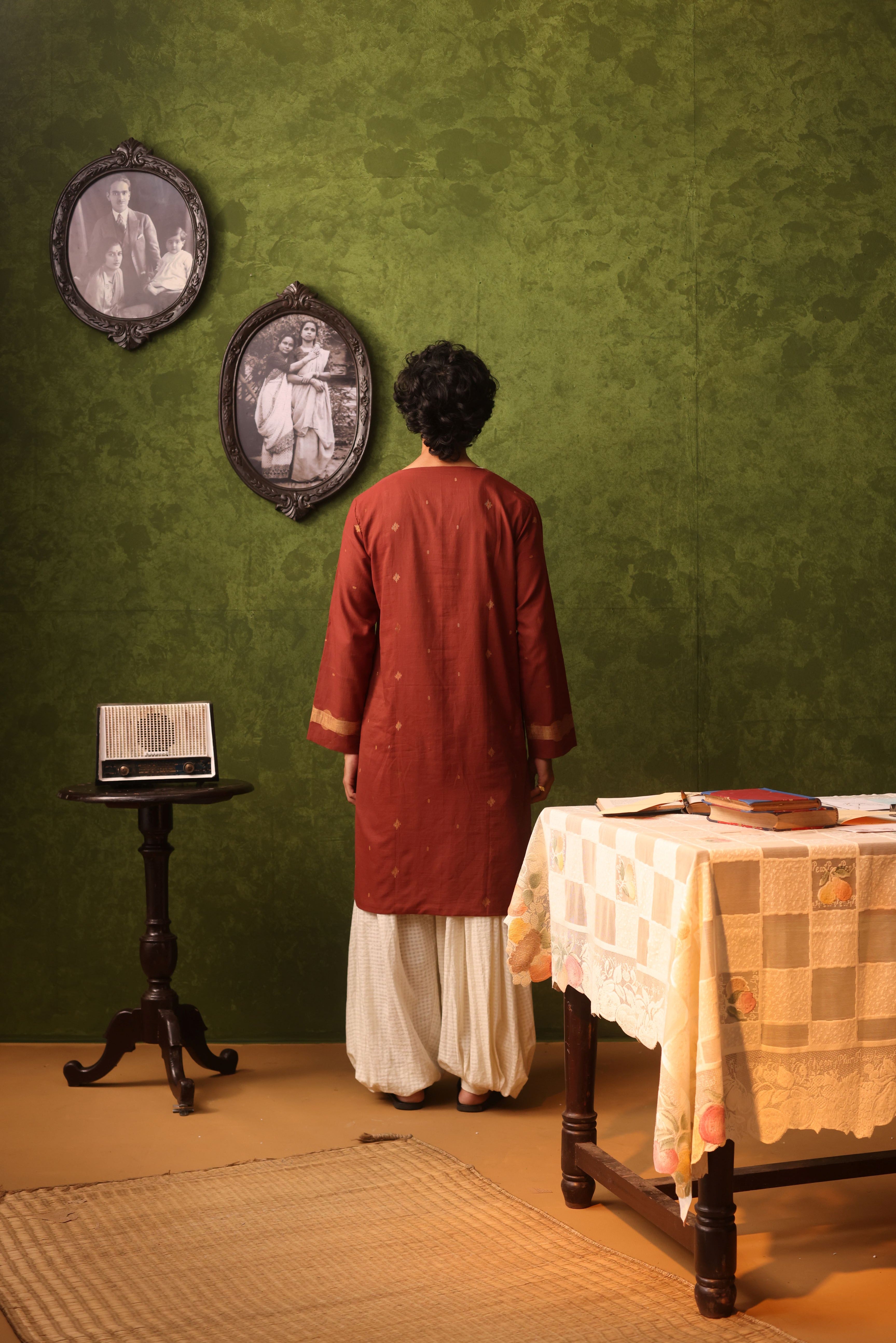 Cream Handwoven Cotton Self Checked Dhoti Pants