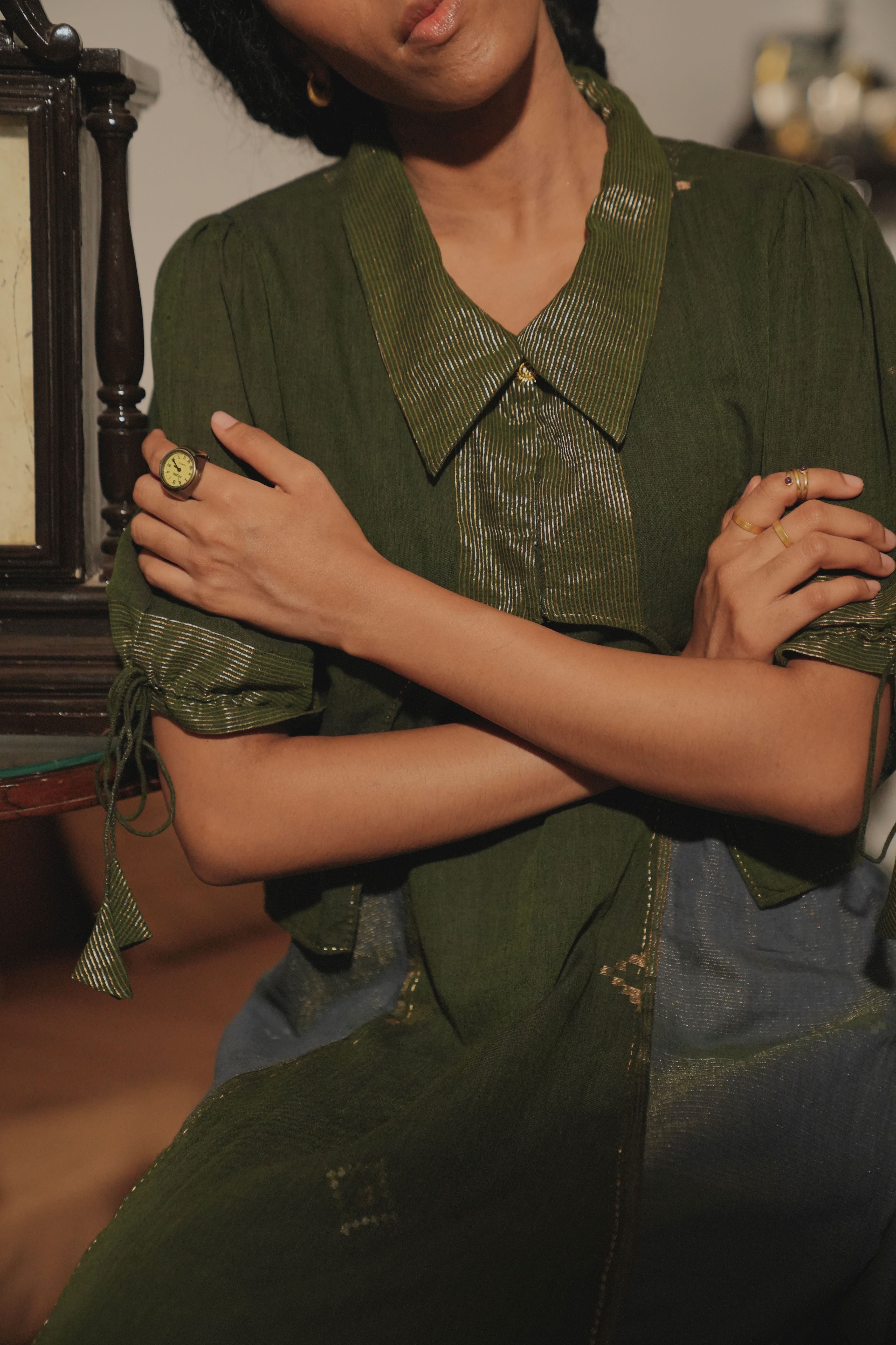 Tiya - Olive Green Handwoven Cotton Jamdani Two-Part Dress