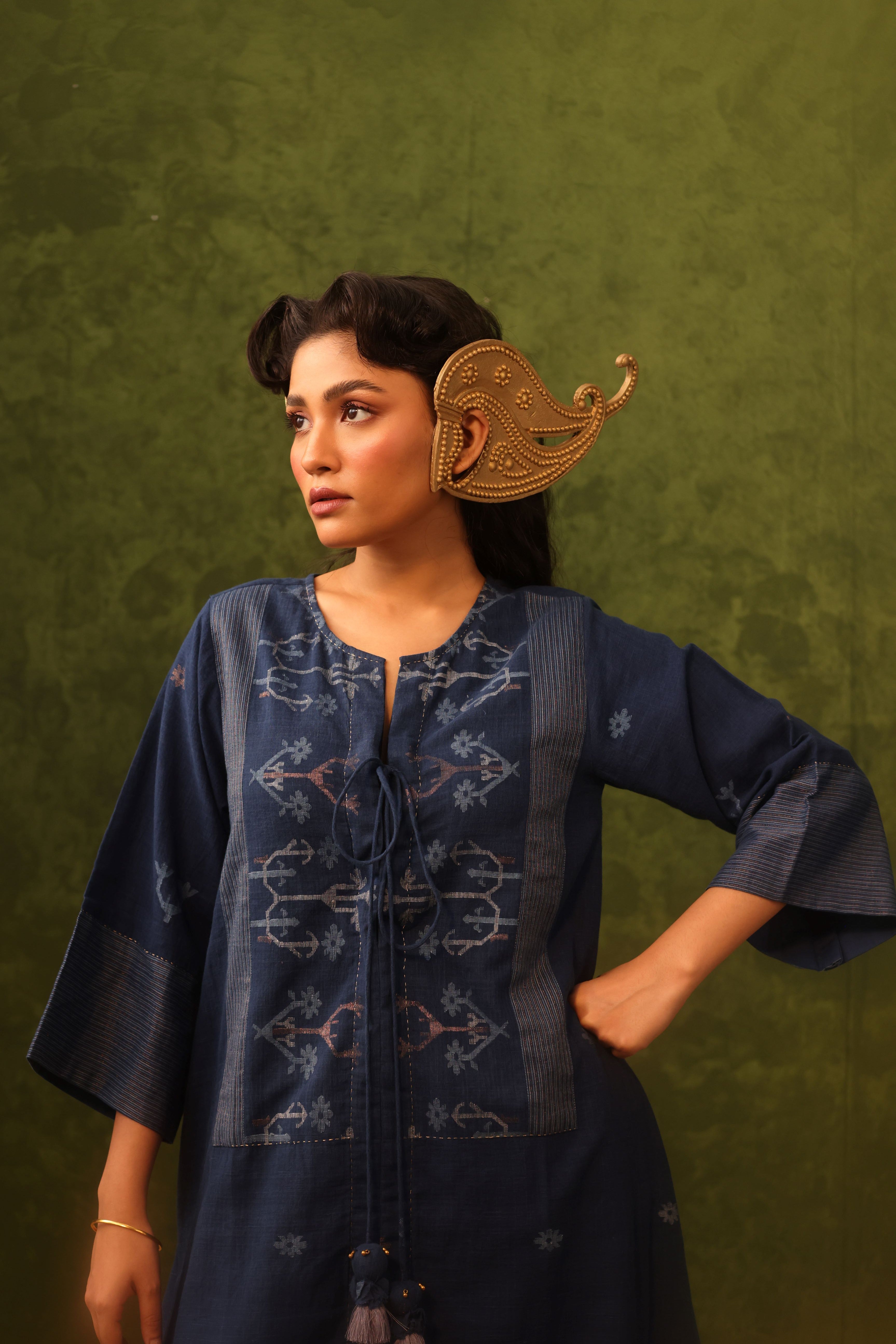 Nila - Indigo Handwoven Cotton Jamdani Tassel Tie-Up Dress