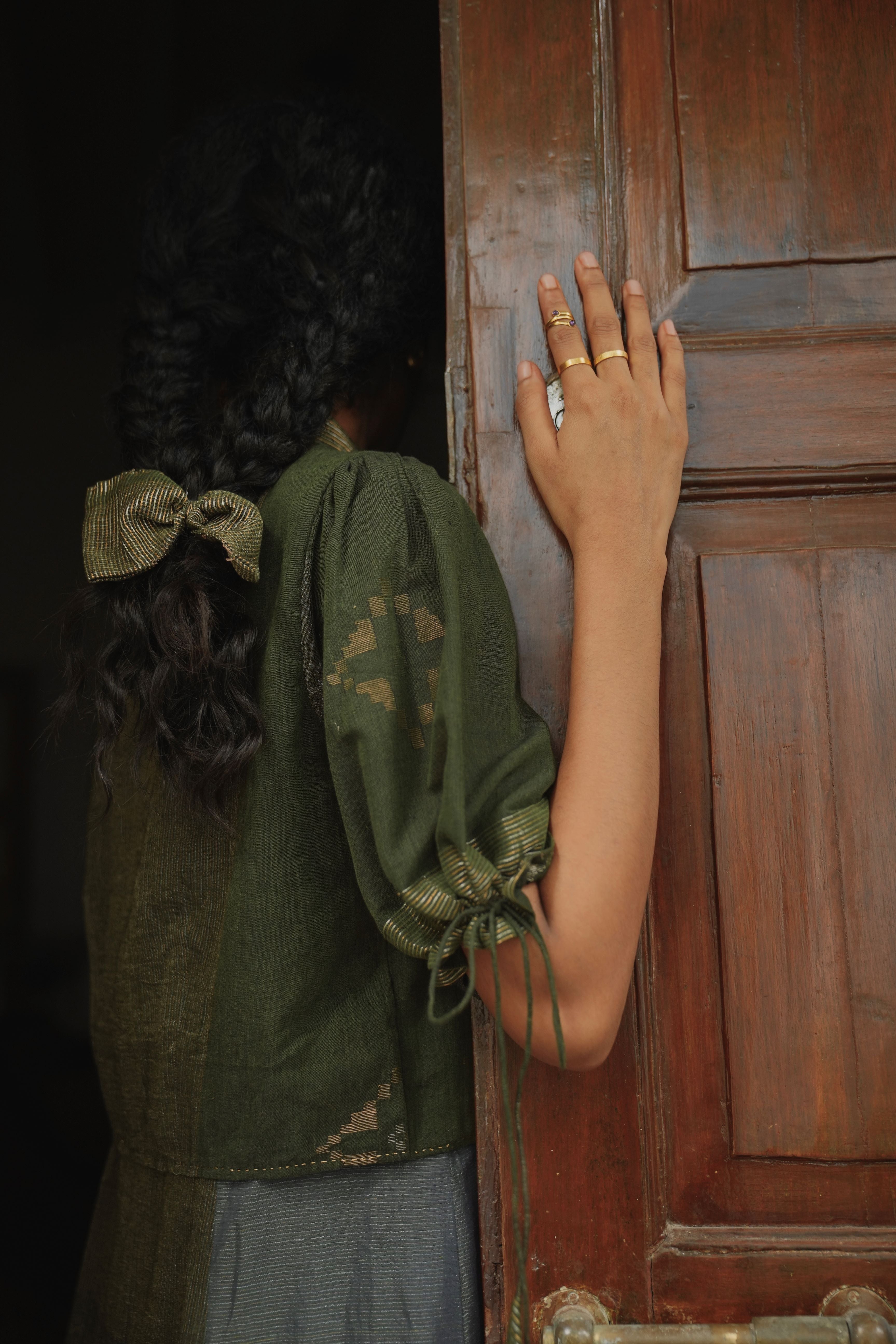 Tiya - Olive Green Handwoven Cotton Jamdani Two-Part Dress