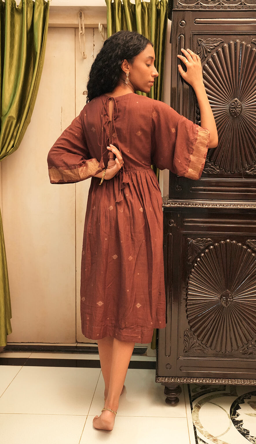 Koel - Brown Handwoven Cotton Jamdani Back Tie-Up Dress