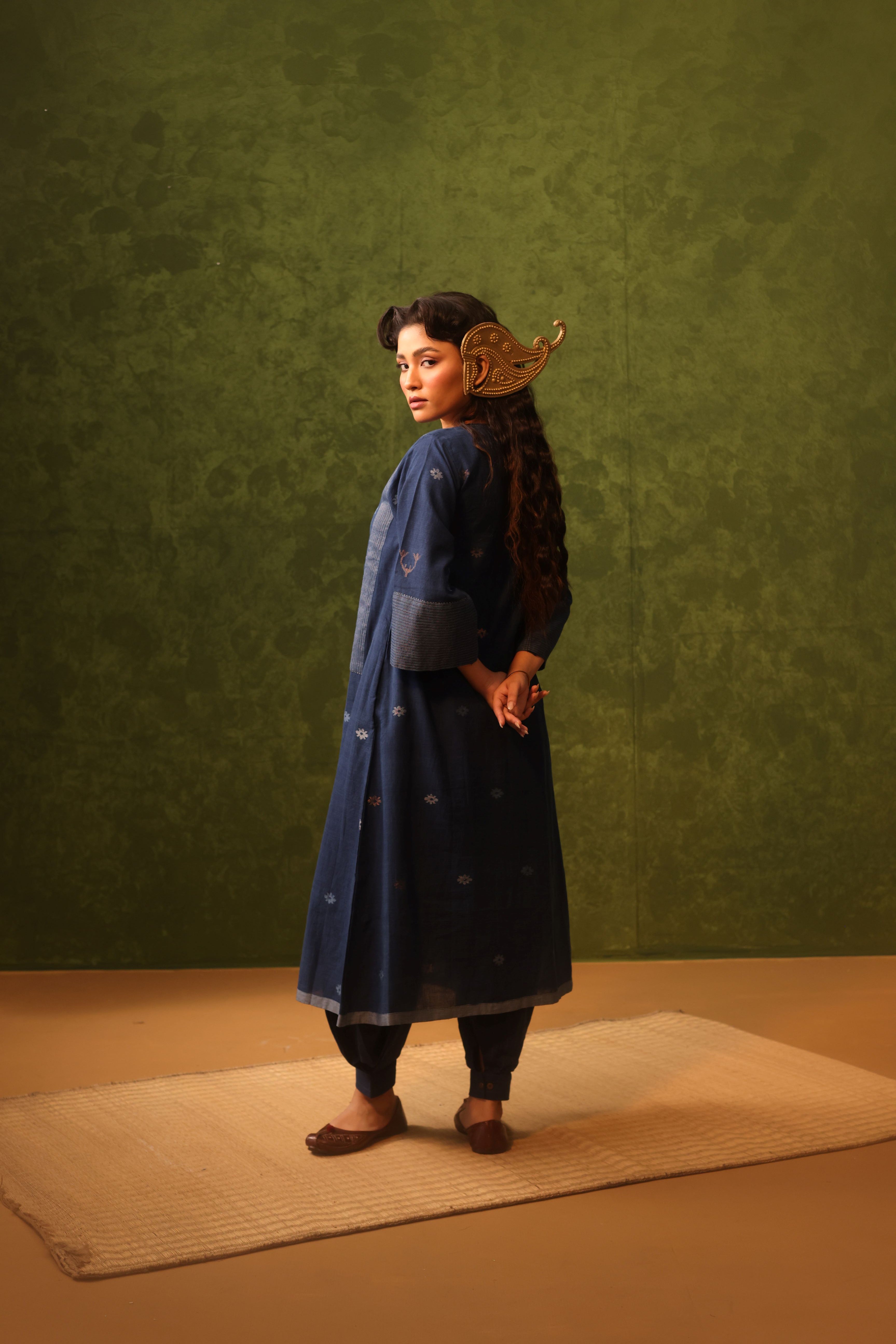 Nila - Indigo Handwoven Cotton Striped Cuff Pants