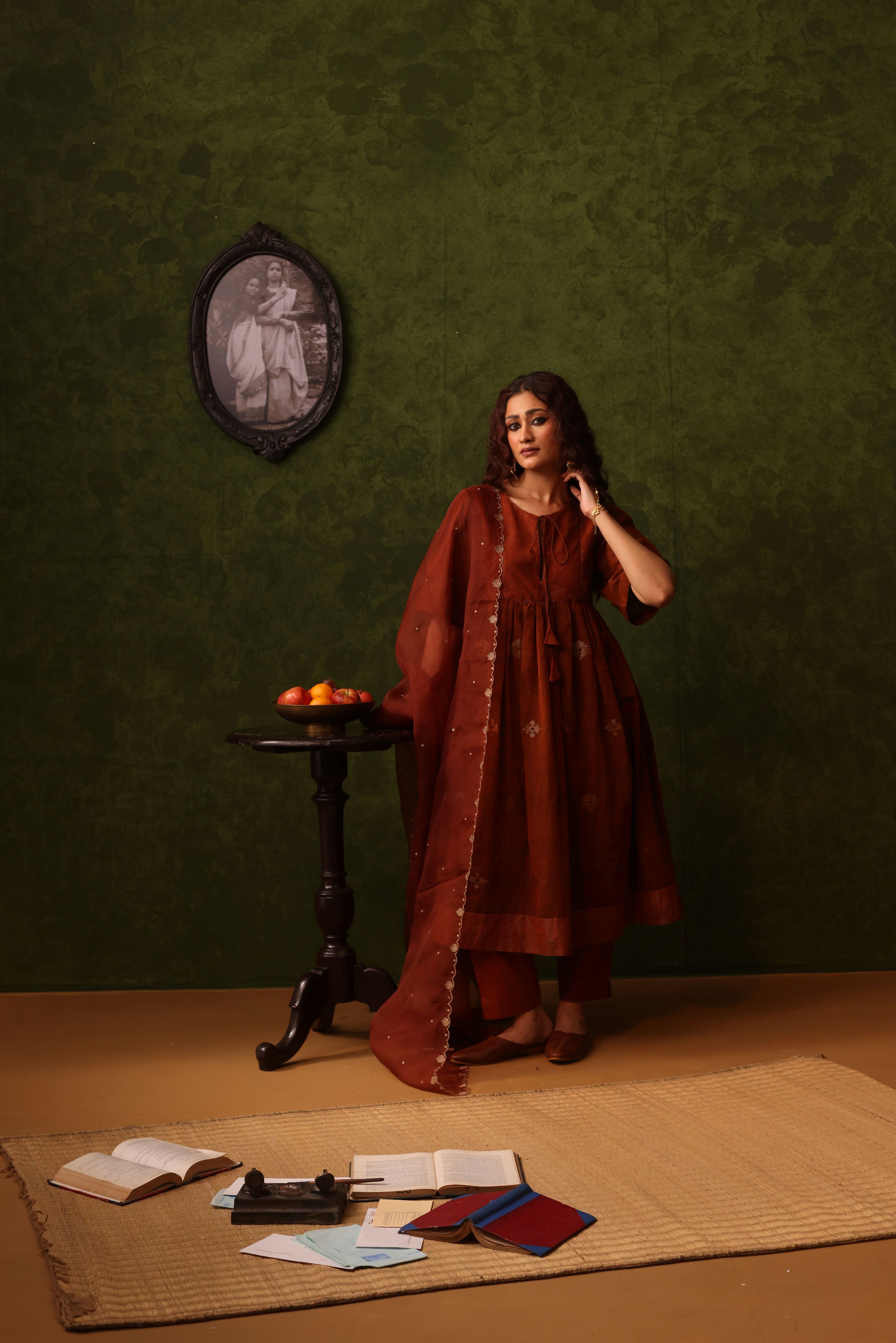 Amrita - Rust Orange Handwoven Cotton Striped Straight- Fit Pant