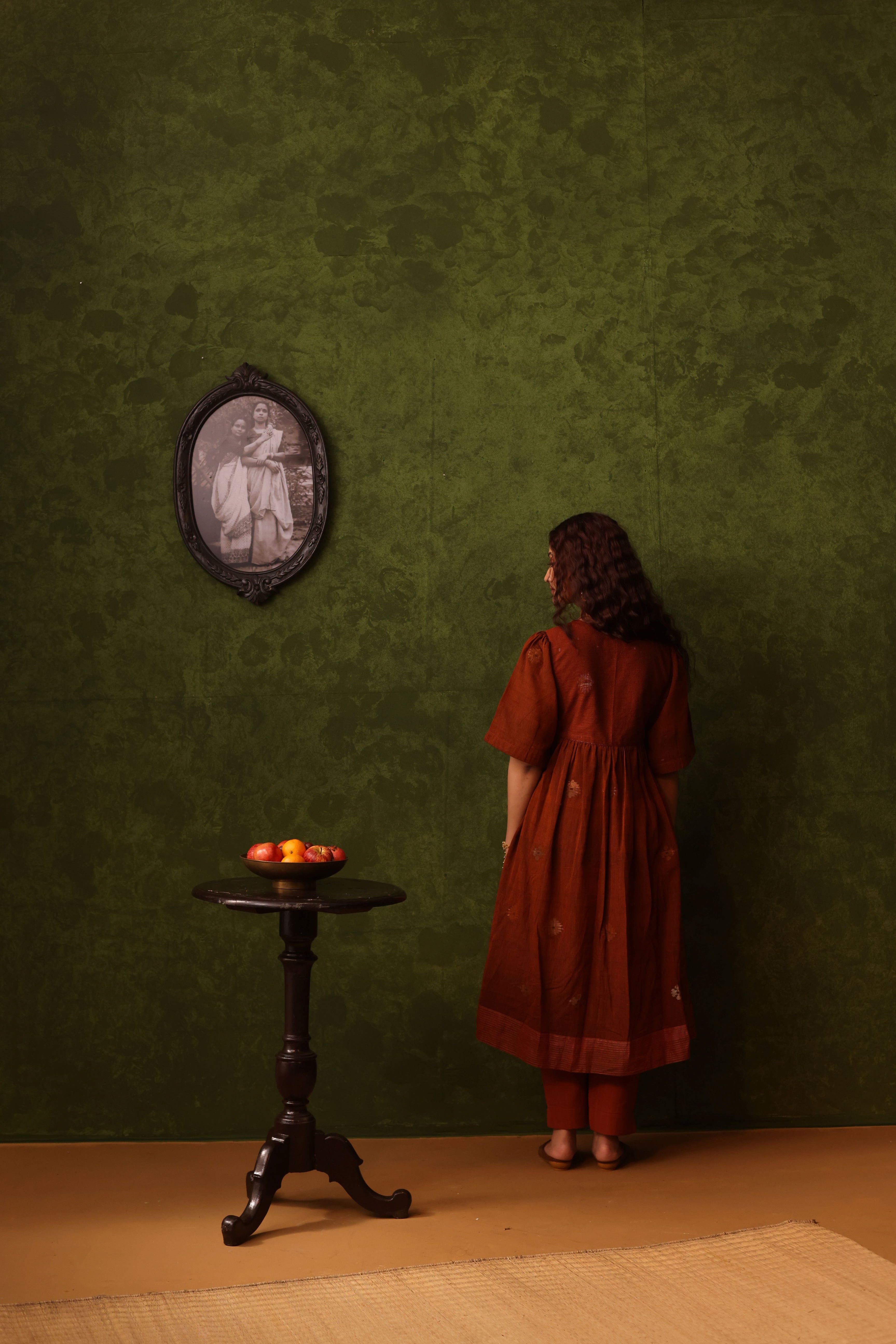 Amrita - Rust Orange Handwoven Cotton Striped Straight- Fit Pant