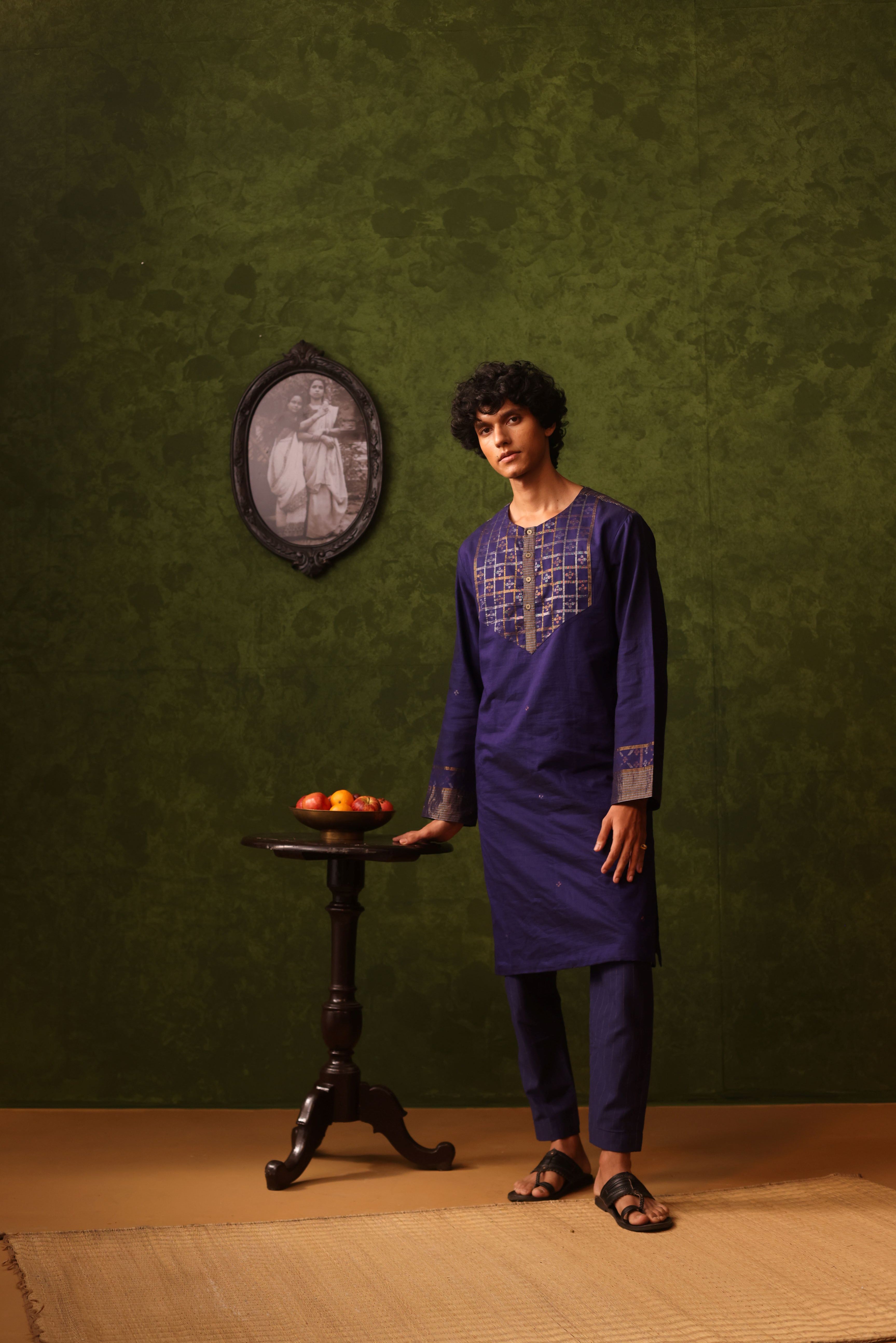 Zulfikar - Deep Luxe Indigo Handwoven Cotton Jamdani Kurta