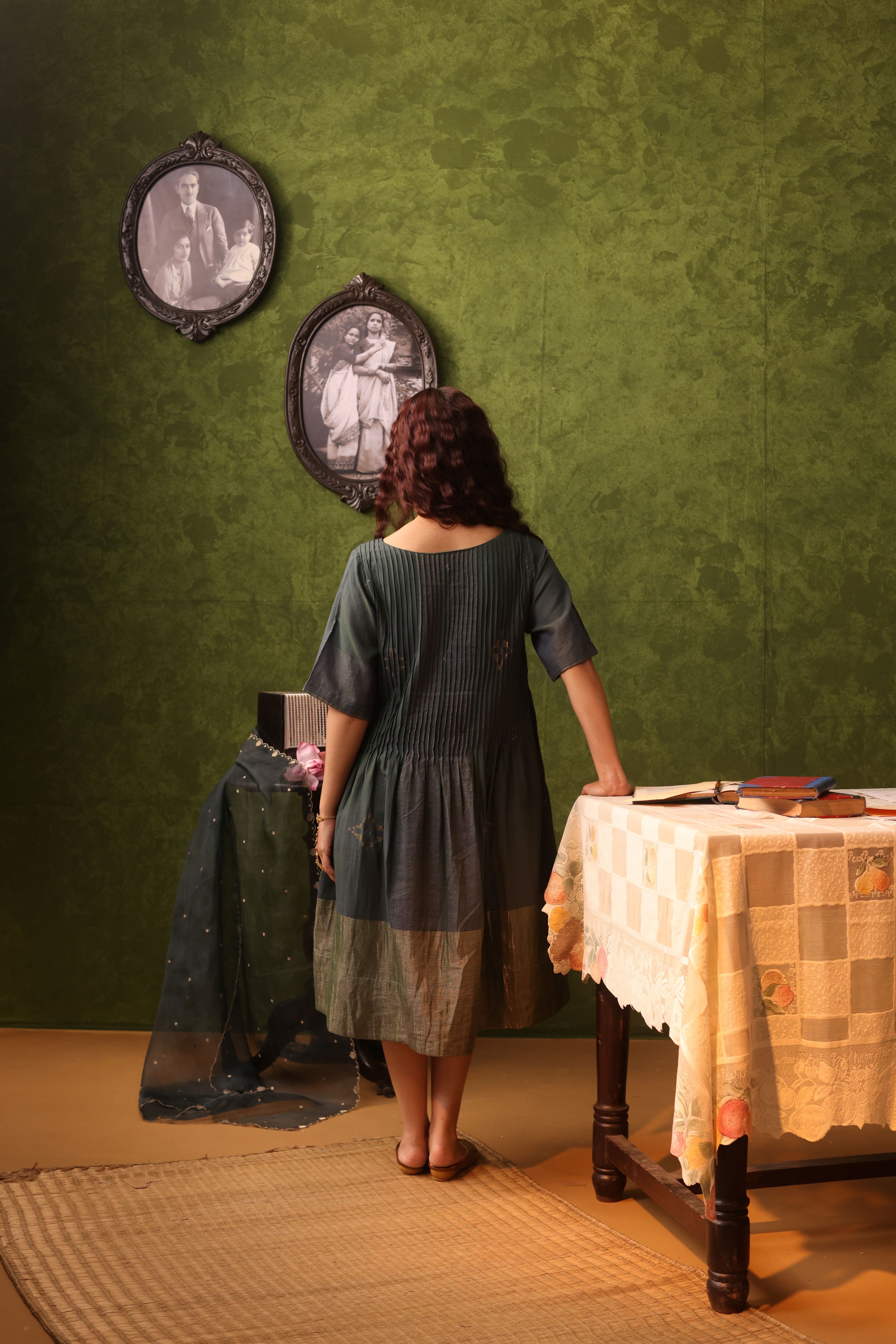 Bindu - Dual Shades Of Blue And Green Handwoven Cotton Jamdani Yoke Dress