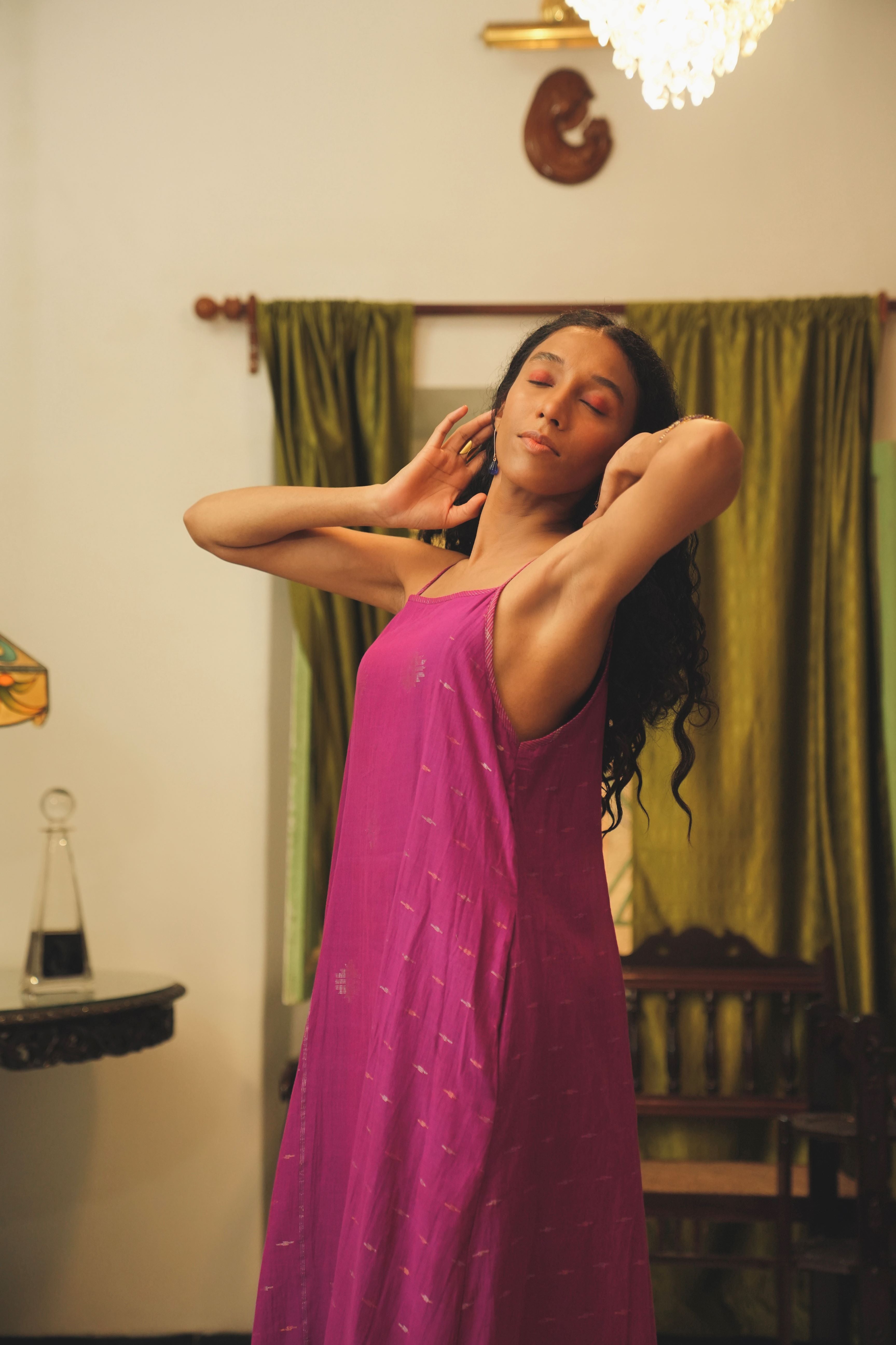 Moyuri - Magenta Handwoven Jamdani Spaghetti Dress