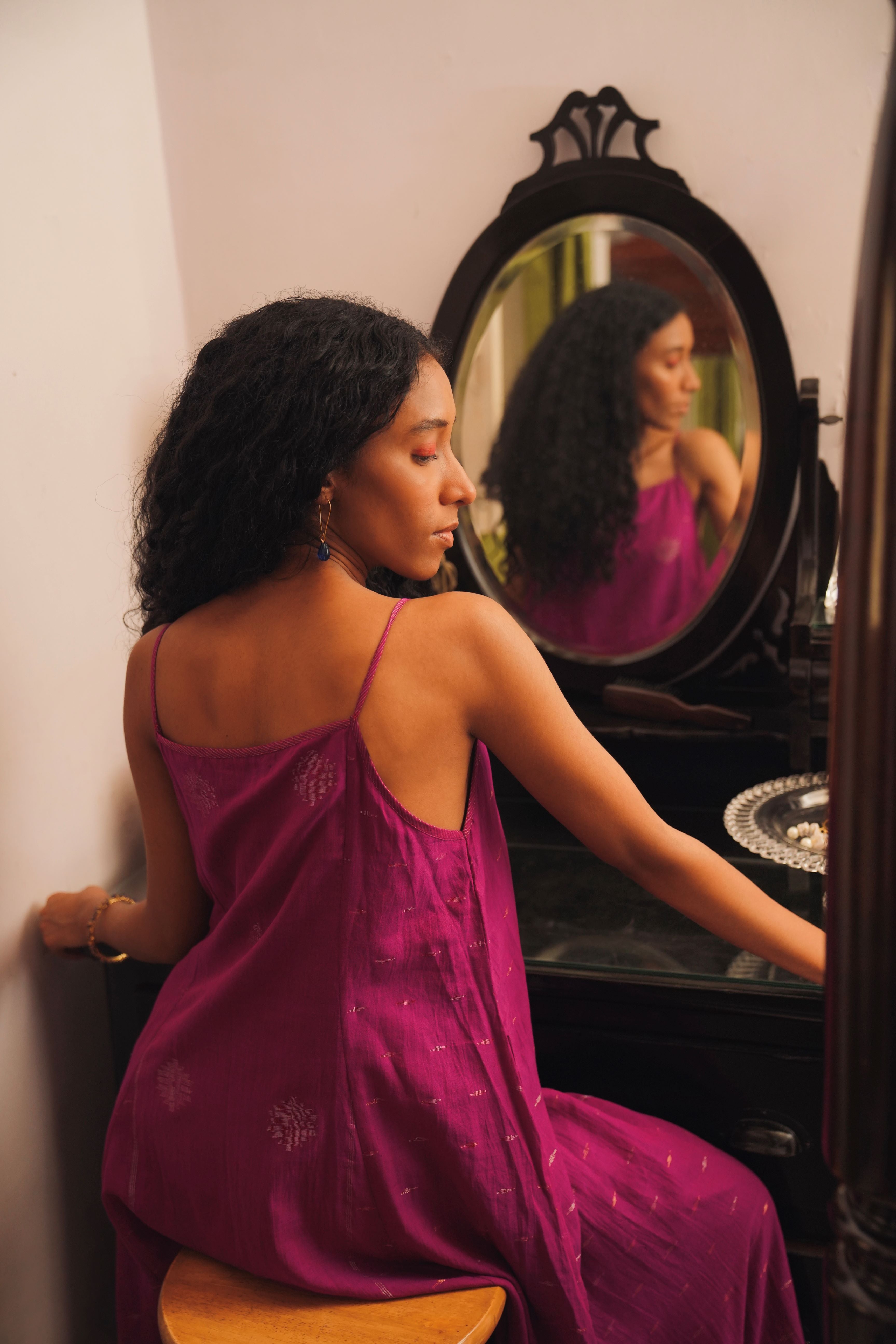 Moyuri - Magenta Handwoven Jamdani Spaghetti Dress