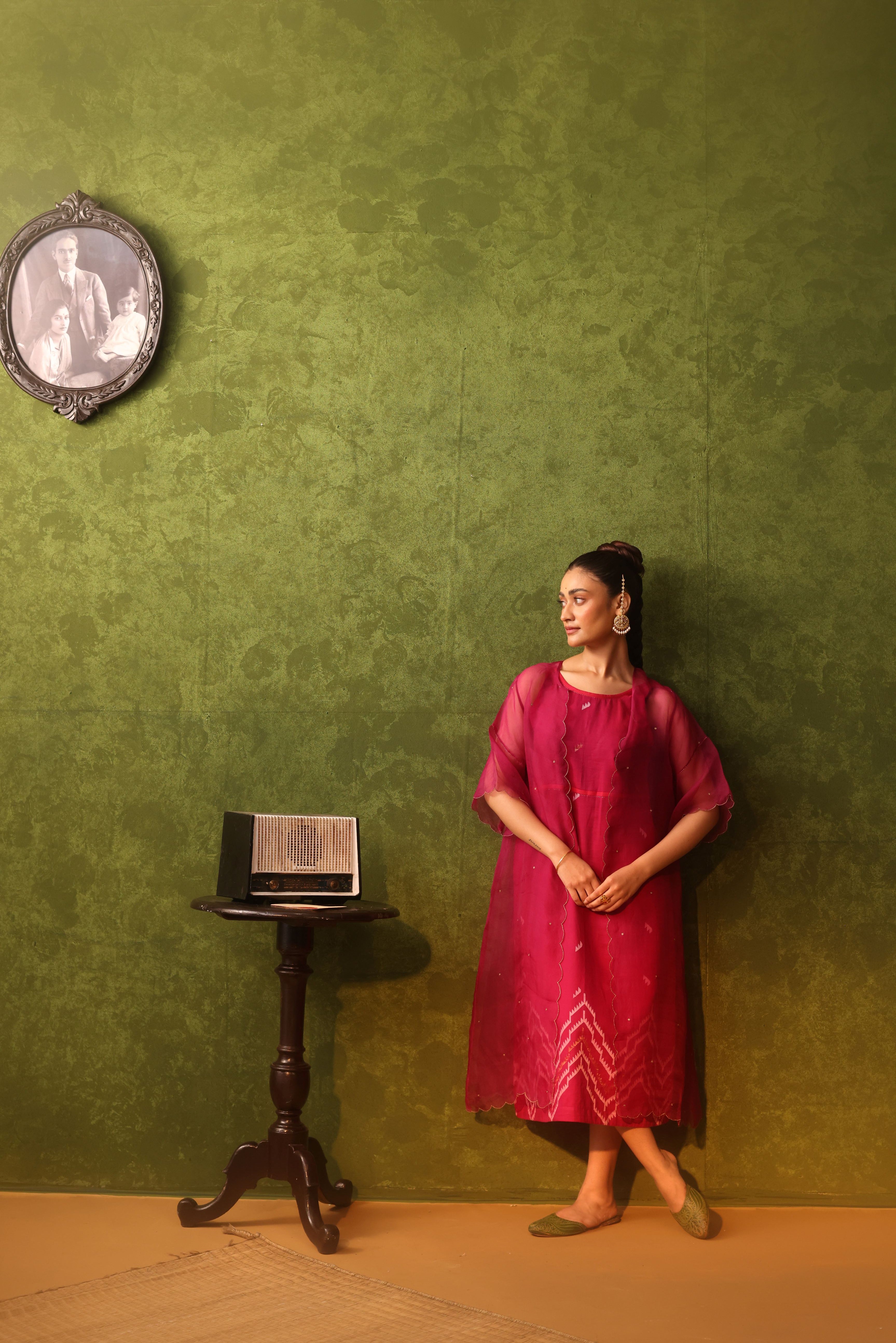 Ruby - Dual Shades Of Red And Magenta Jamdani Layered Dress