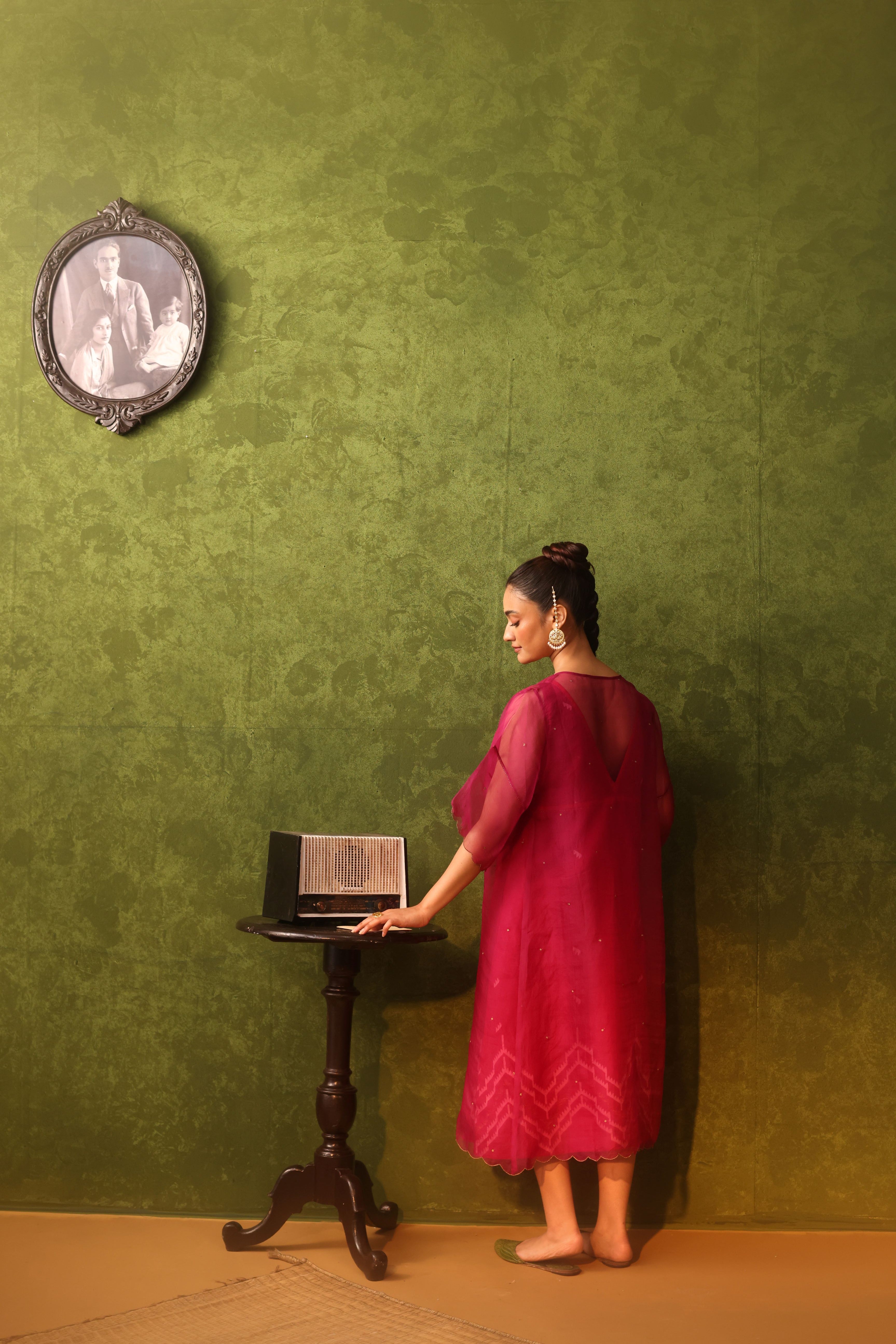 Ruby - Dual Shades Of Red And Magenta Jamdani Layered Dress