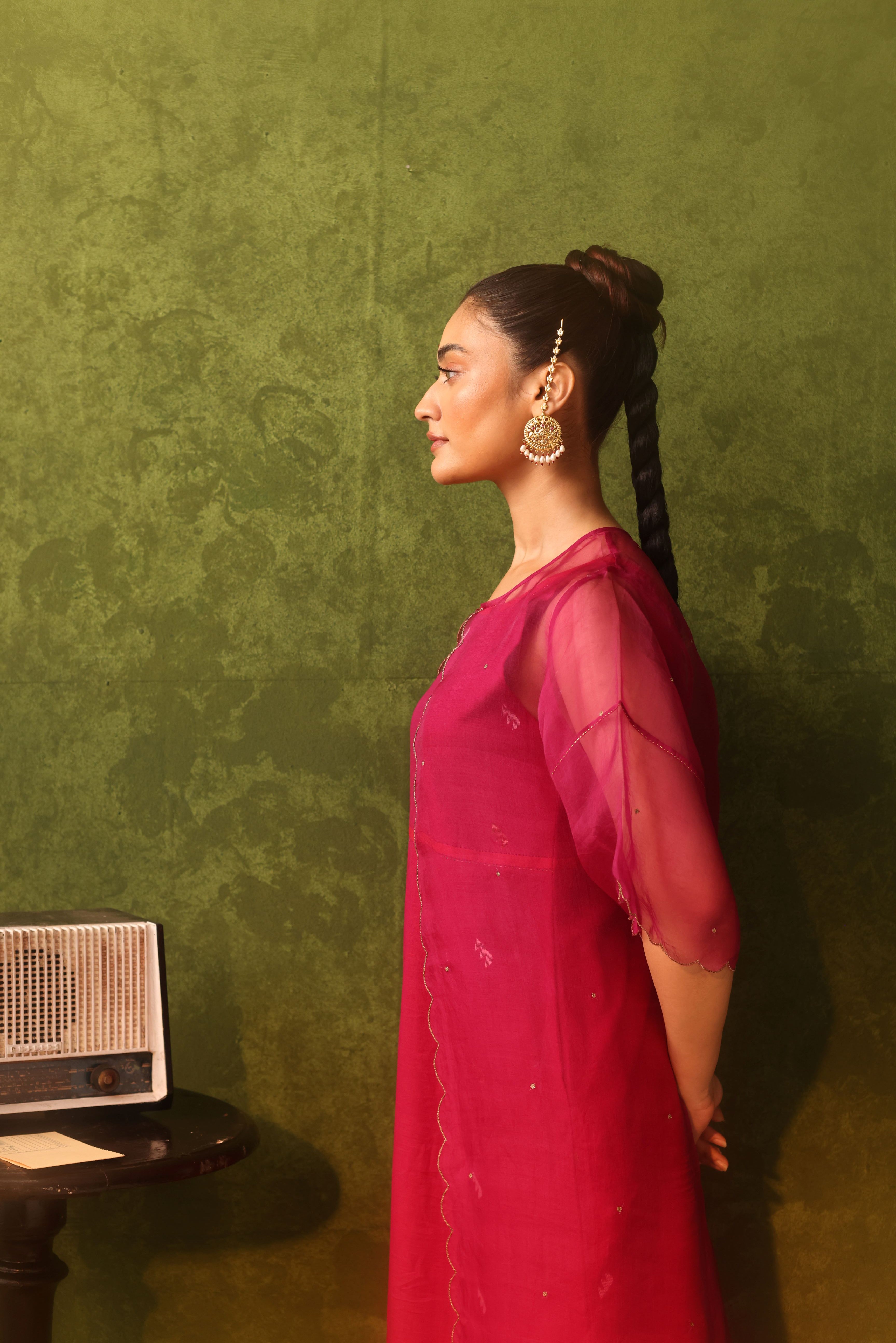 Ruby - Dual Shades Of Red And Magenta Jamdani Layered Dress