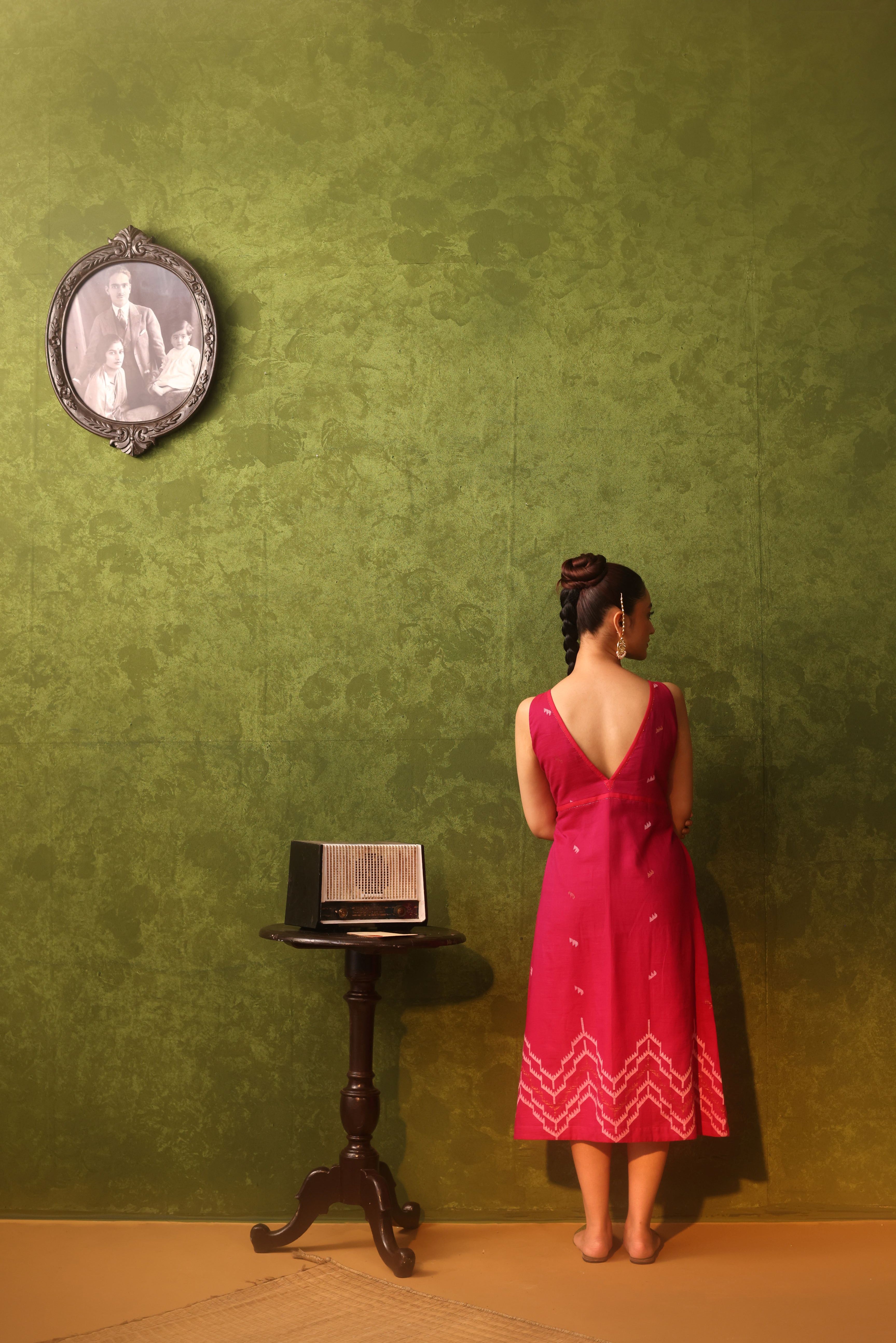 Ruby - Dual Shades Of Red And Magenta Handwoven Cotton Jamdani Sleeveless Dress