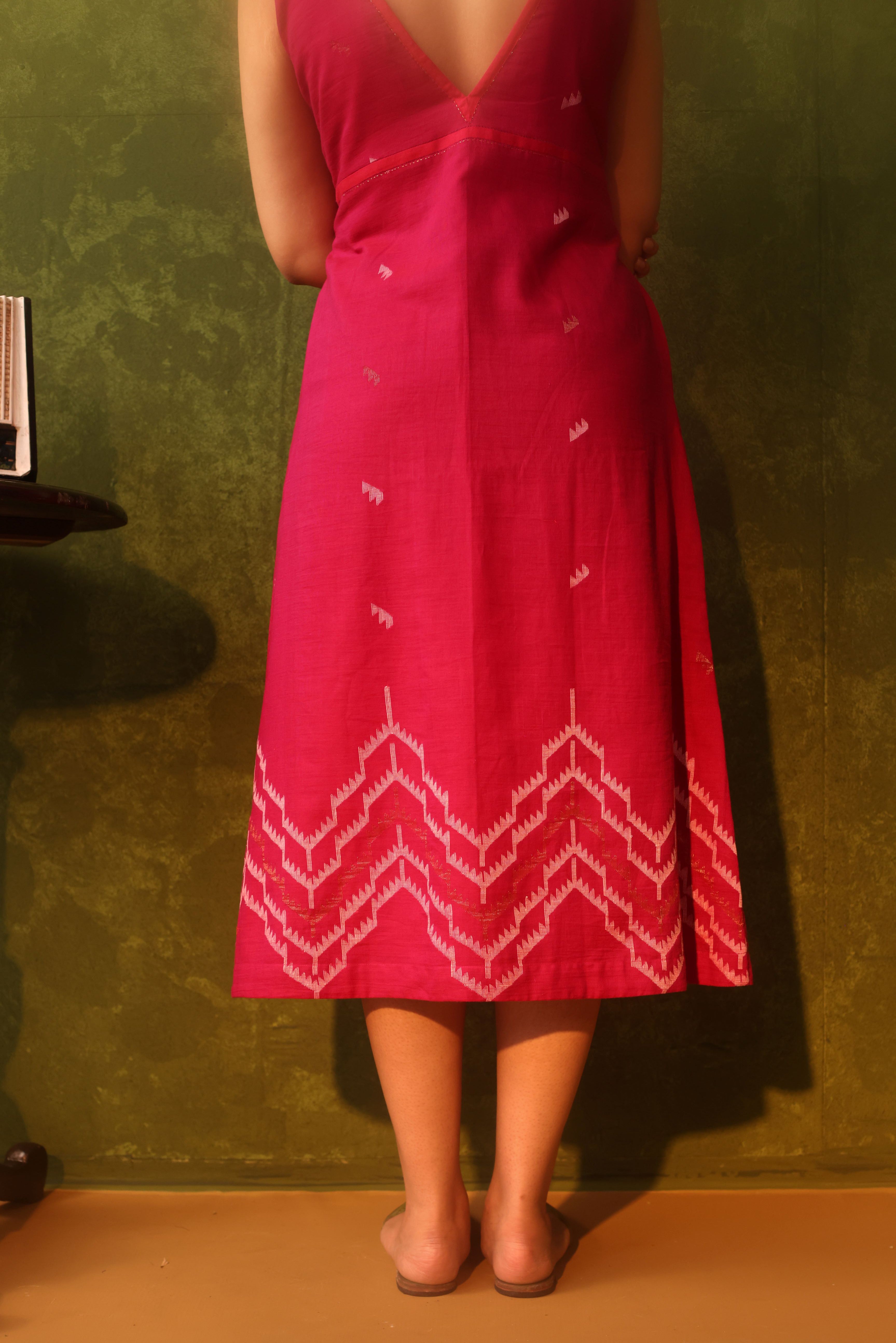 Ruby - Dual Shades Of Red And Magenta Handwoven Cotton Jamdani Sleeveless Dress