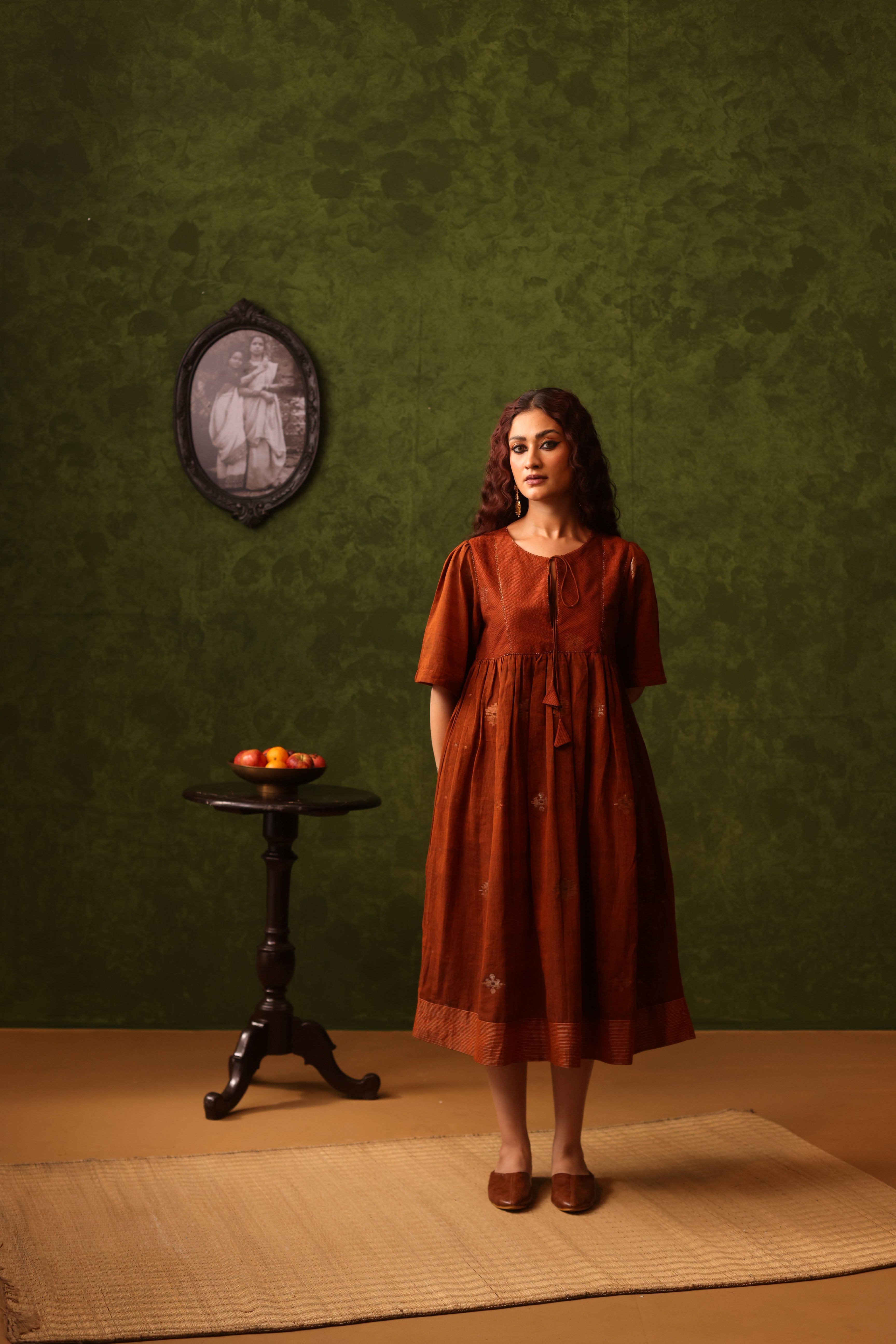 Amrita - Rust Orange Handwoven Cotton Jamdani Yoke Dress