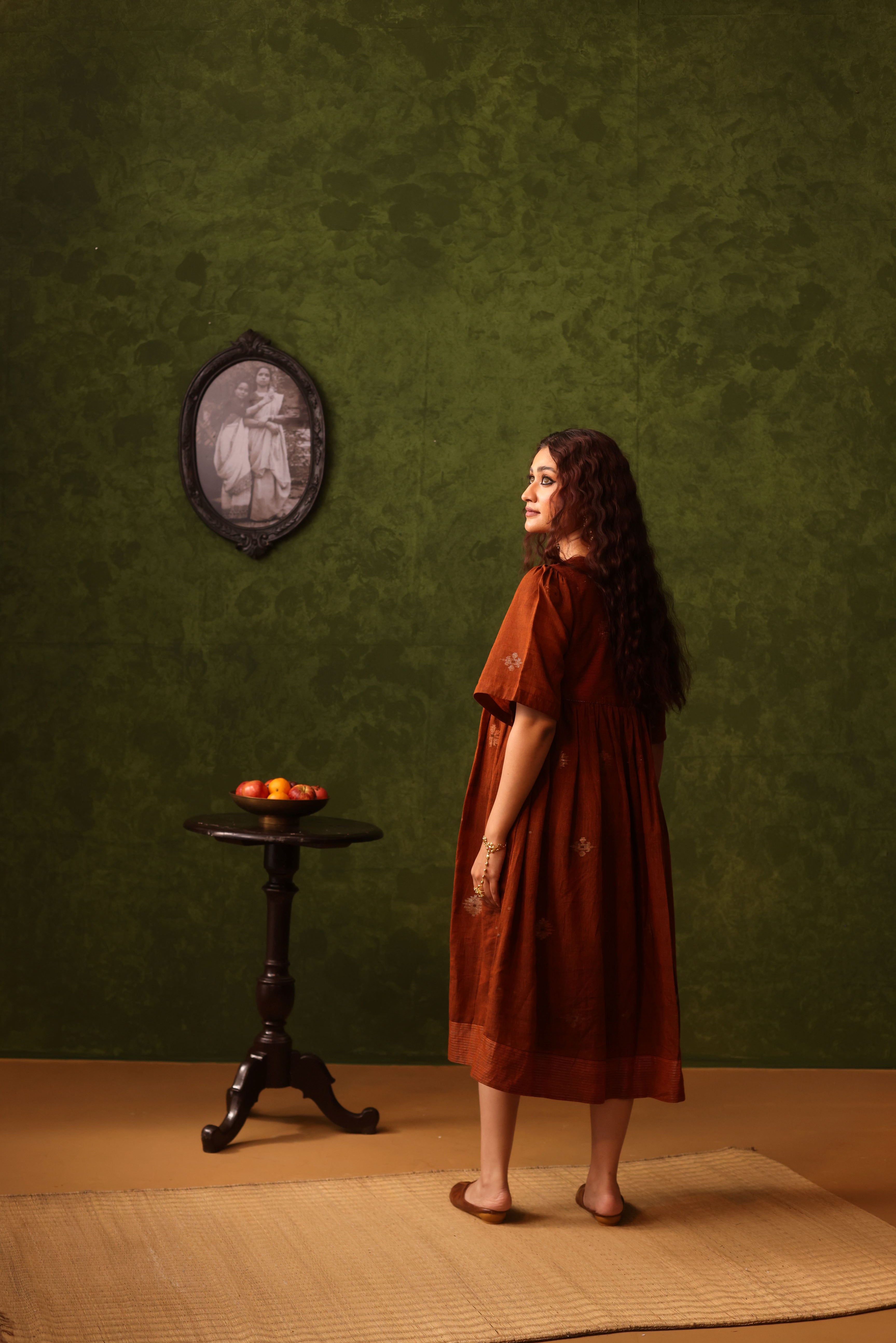 Amrita - Rust Orange Handwoven Cotton Jamdani Yoke Dress